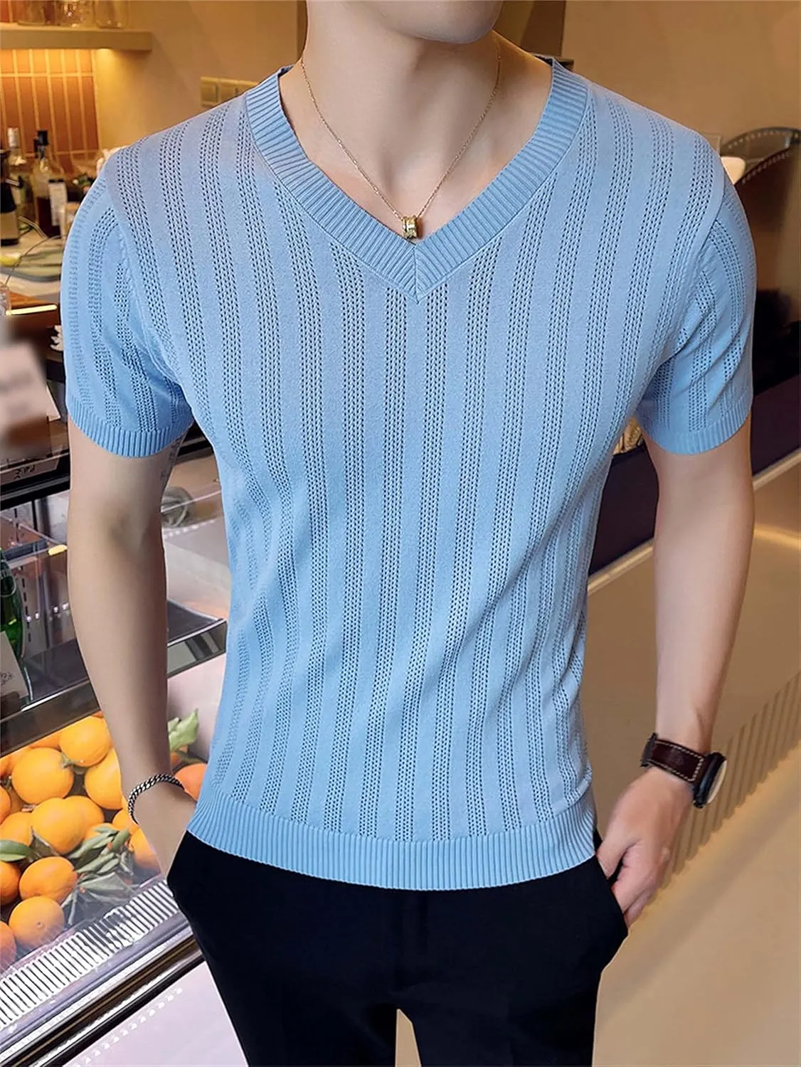 Breathable Ice Silk T-Shirt Casual Slim Fit Knitted Shirts Men Hollow Out Knit Short media optimistic ethnographic Sleeves V-Neck 