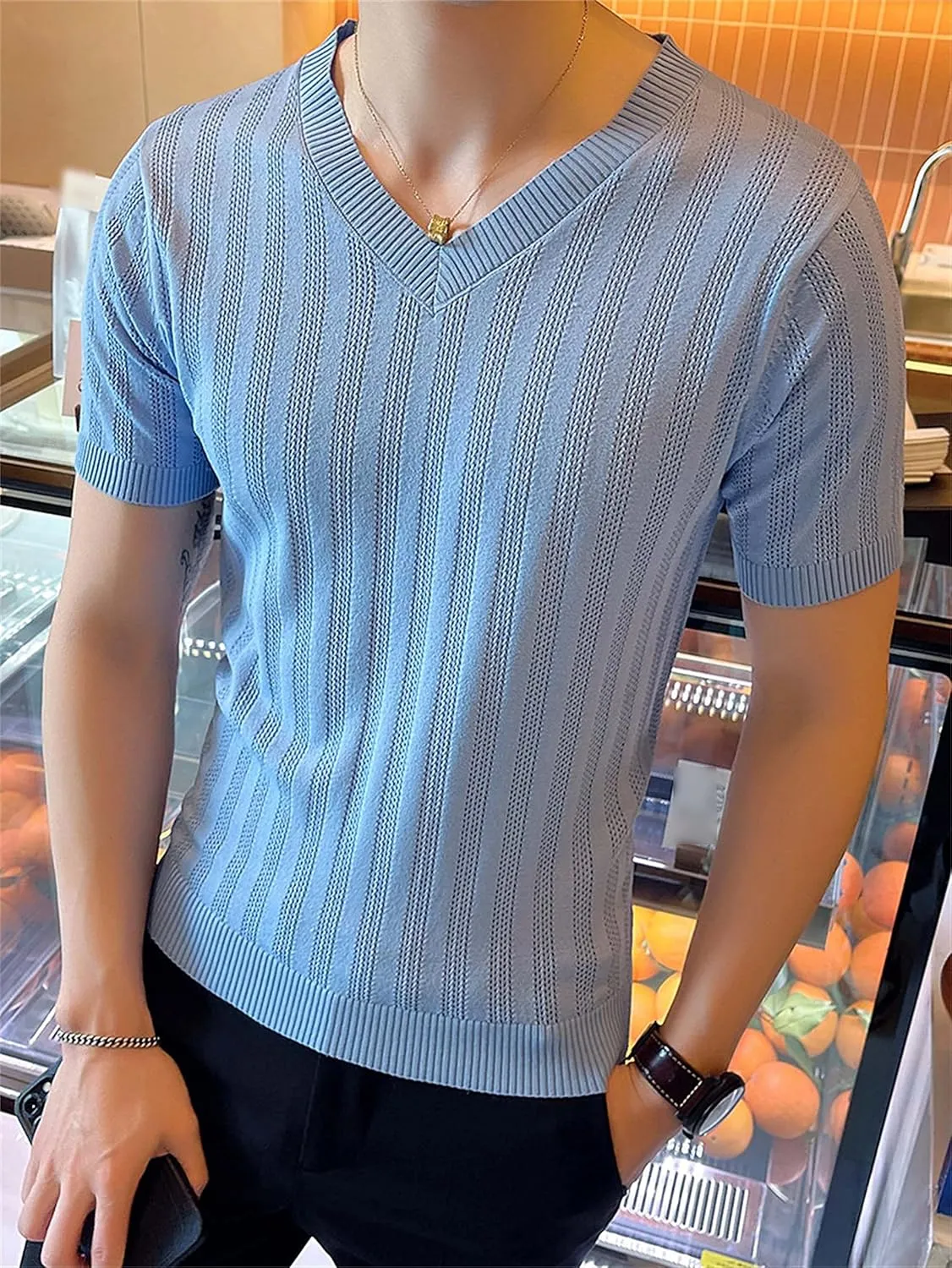Breathable Ice Silk T-Shirt Casual Slim Fit Knitted Shirts Men Hollow Out Knit Short media optimistic ethnographic Sleeves V-Neck 