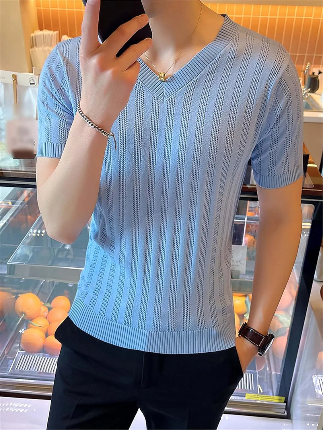 Breathable Ice Silk T-Shirt Casual Slim Fit Knitted Shirts Men Hollow Out Knit Short media optimistic ethnographic Sleeves V-Neck 