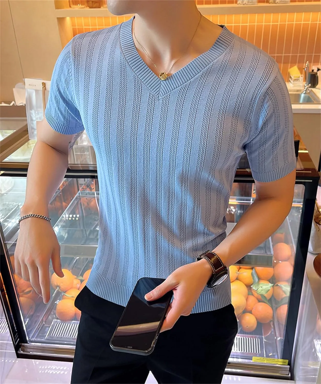 Breathable Ice Silk T-Shirt Casual Slim Fit Knitted Shirts Men Hollow Out Knit Short media optimistic ethnographic Sleeves V-Neck 
