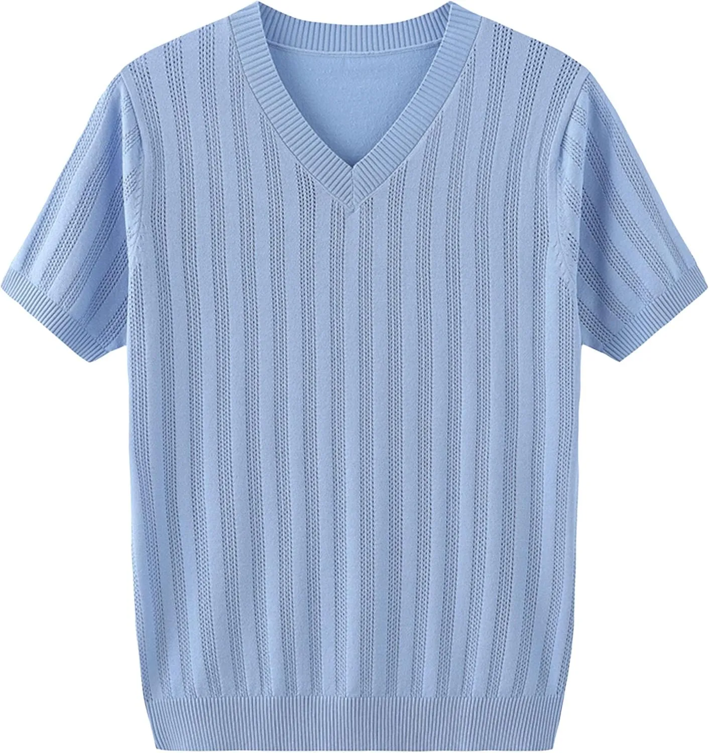 Breathable Ice Silk T-Shirt Casual Slim Fit Knitted Shirts Men Hollow Out Knit Short media optimistic ethnographic Sleeves V-Neck 