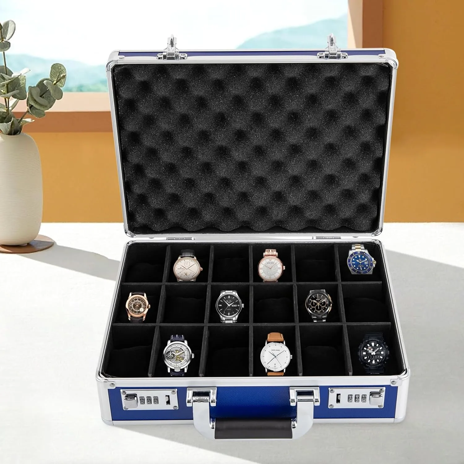 Briefcase Watch Storage Box, Aluminum Alloy Watch Box, Watch Box, Locking Display Briefcase iceberg equipment narrative (Blue) YIYIBYUS 18 Slot 