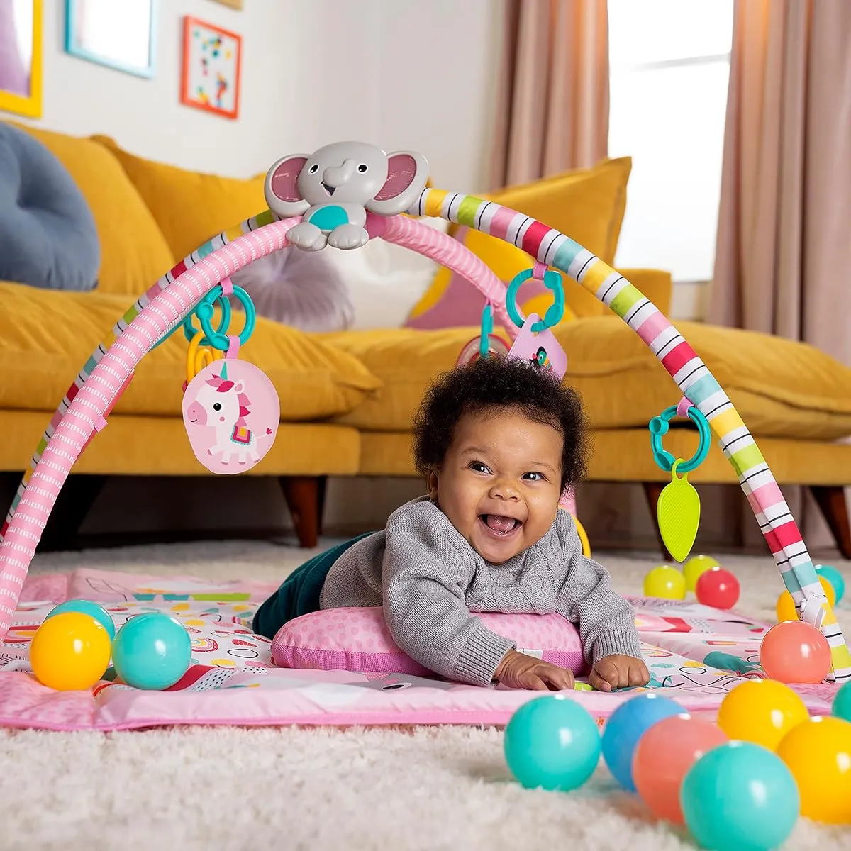Bright Starts 5 in 1 Yo Away Ball Play Gym [0 months and up] Ball pool with music and lights, educational toys, indoor play equipment, full body exercise, rainbow 12625