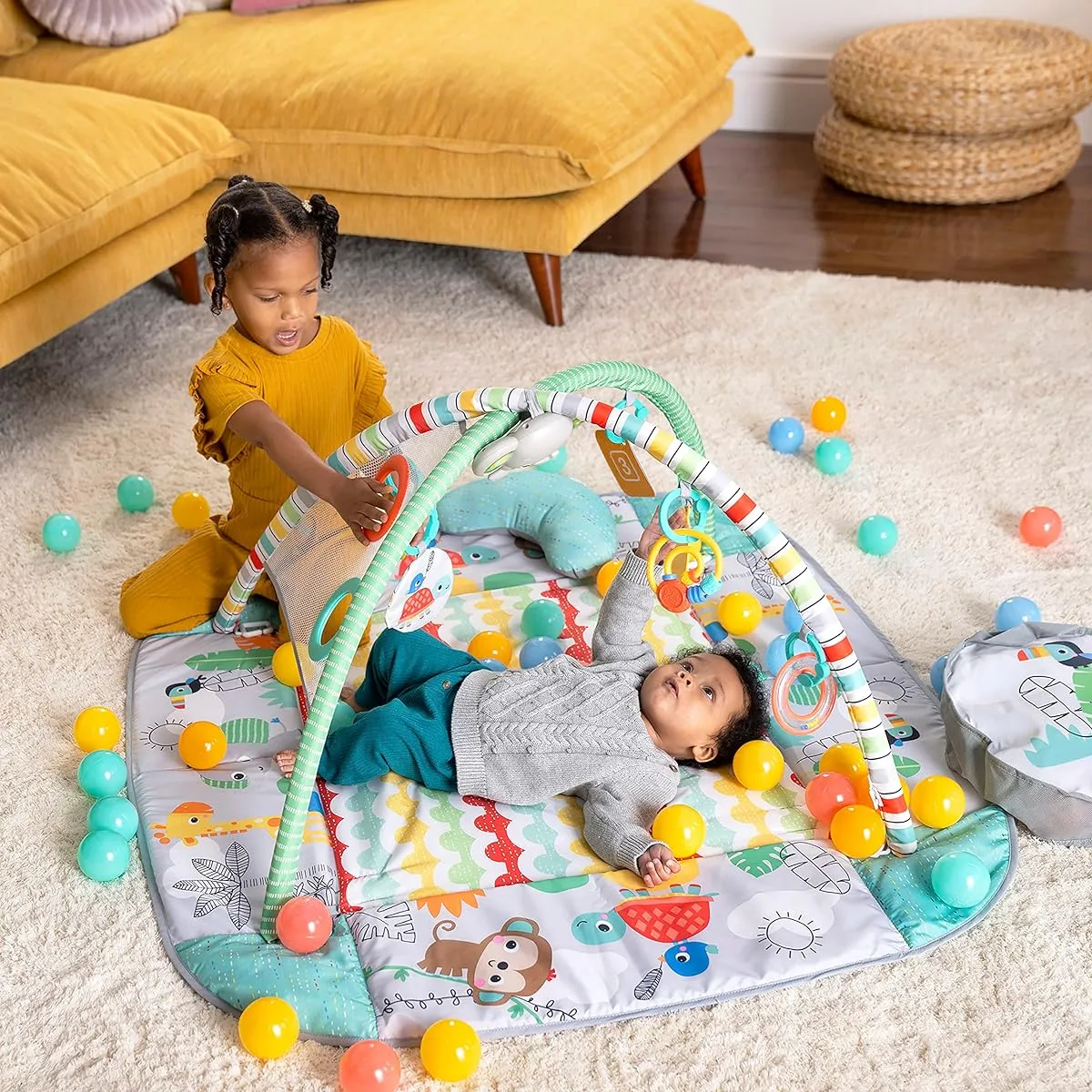 Bright Starts 5 in 1 Yo Away Ball Play Gym [0 months and up] Ball pool with music and lights, educational toys, indoor play equipment, full body exercise, tropical 12624