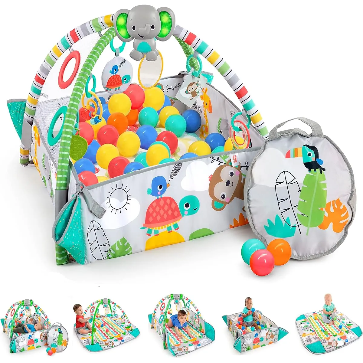 Bright Starts 5 in 1 Yo Away Ball Play Gym [0 months and up] Ball pool with music and lights, educational toys, indoor play equipment, full body exercise, tropical 12624