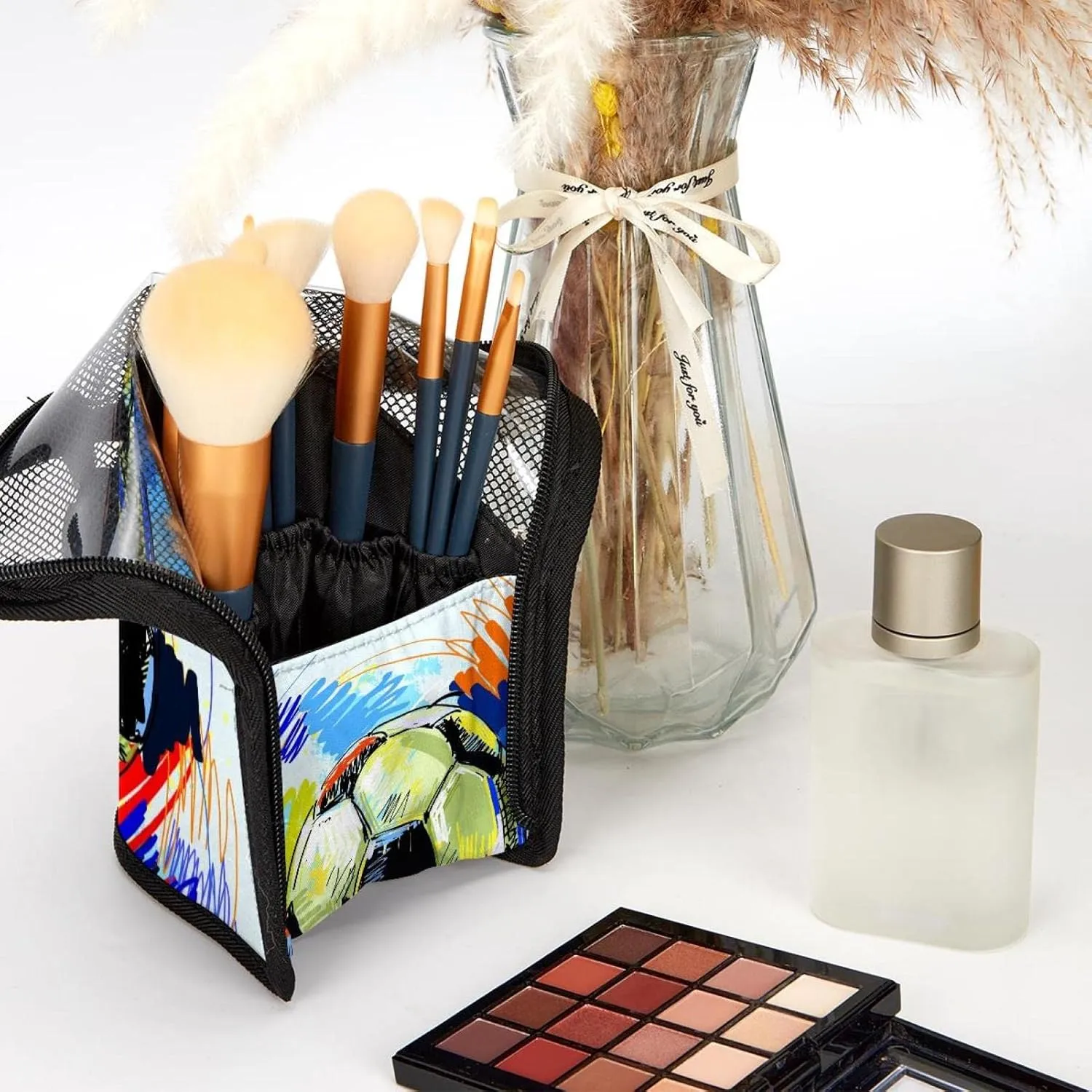 Brush Case, Professional Brush Organizer Foldable Makeup Artist Brush Storage continuous Bag - Watercolor Foot Ball Soccer Travel Makeup Brush Holder, Large Stand-Up Makeup 