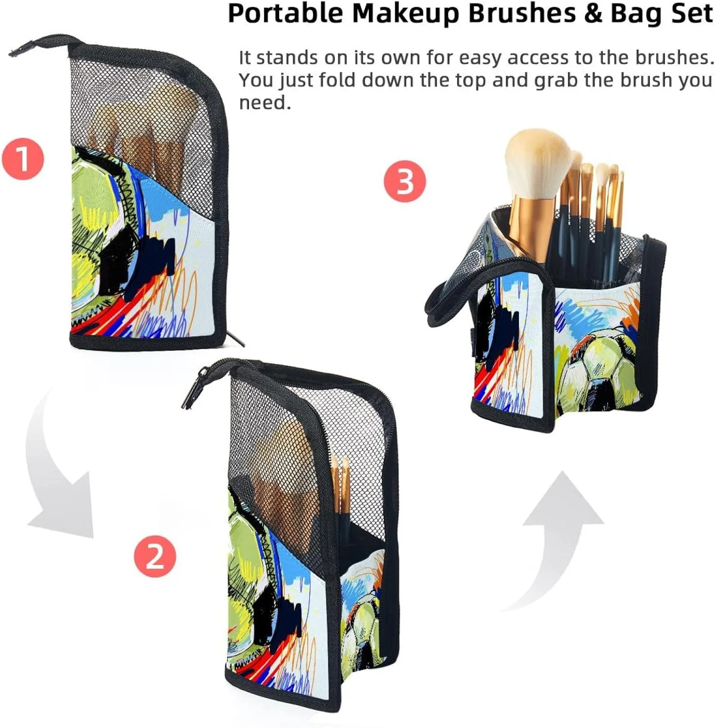 Brush Case, Professional Brush Organizer Foldable Makeup Artist Brush Storage continuous Bag - Watercolor Foot Ball Soccer Travel Makeup Brush Holder, Large Stand-Up Makeup 