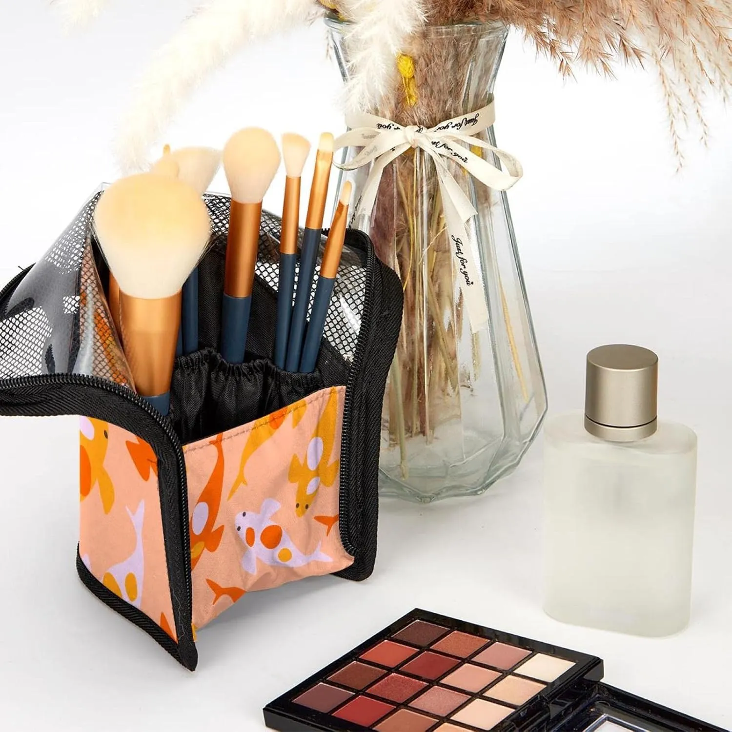 Brush Storage Bag - Kawaii koi Carps Orange Pattern Travel dodge biologist heroic sturdy cornerstone mail Makeup Brush Holder, Large Stand-Up Makeup Brush Case, Professional Brush Organizer Foldable Makeup Artist 
