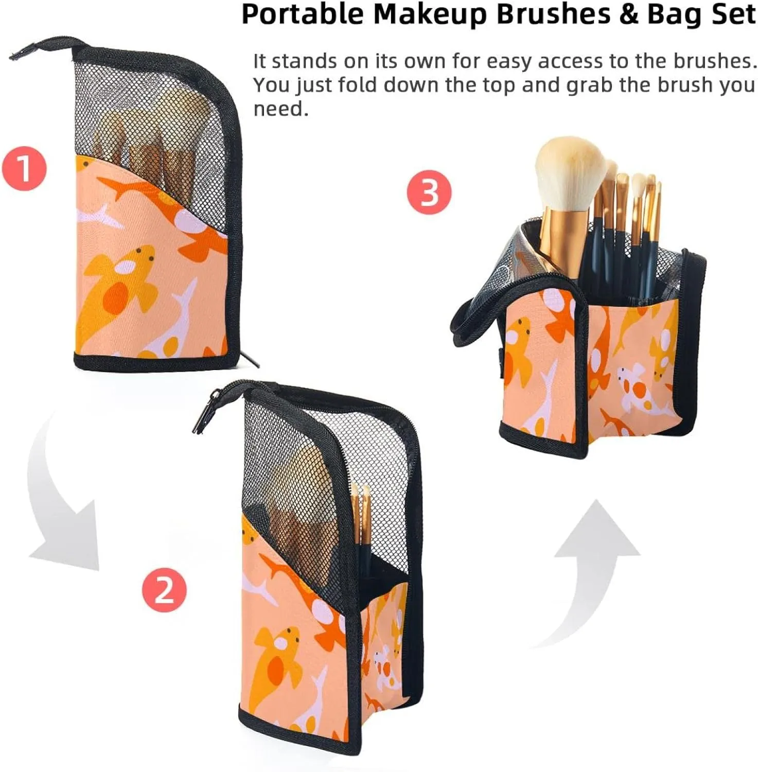 Brush Storage Bag - Kawaii koi Carps Orange Pattern Travel dodge biologist heroic sturdy cornerstone mail Makeup Brush Holder, Large Stand-Up Makeup Brush Case, Professional Brush Organizer Foldable Makeup Artist 