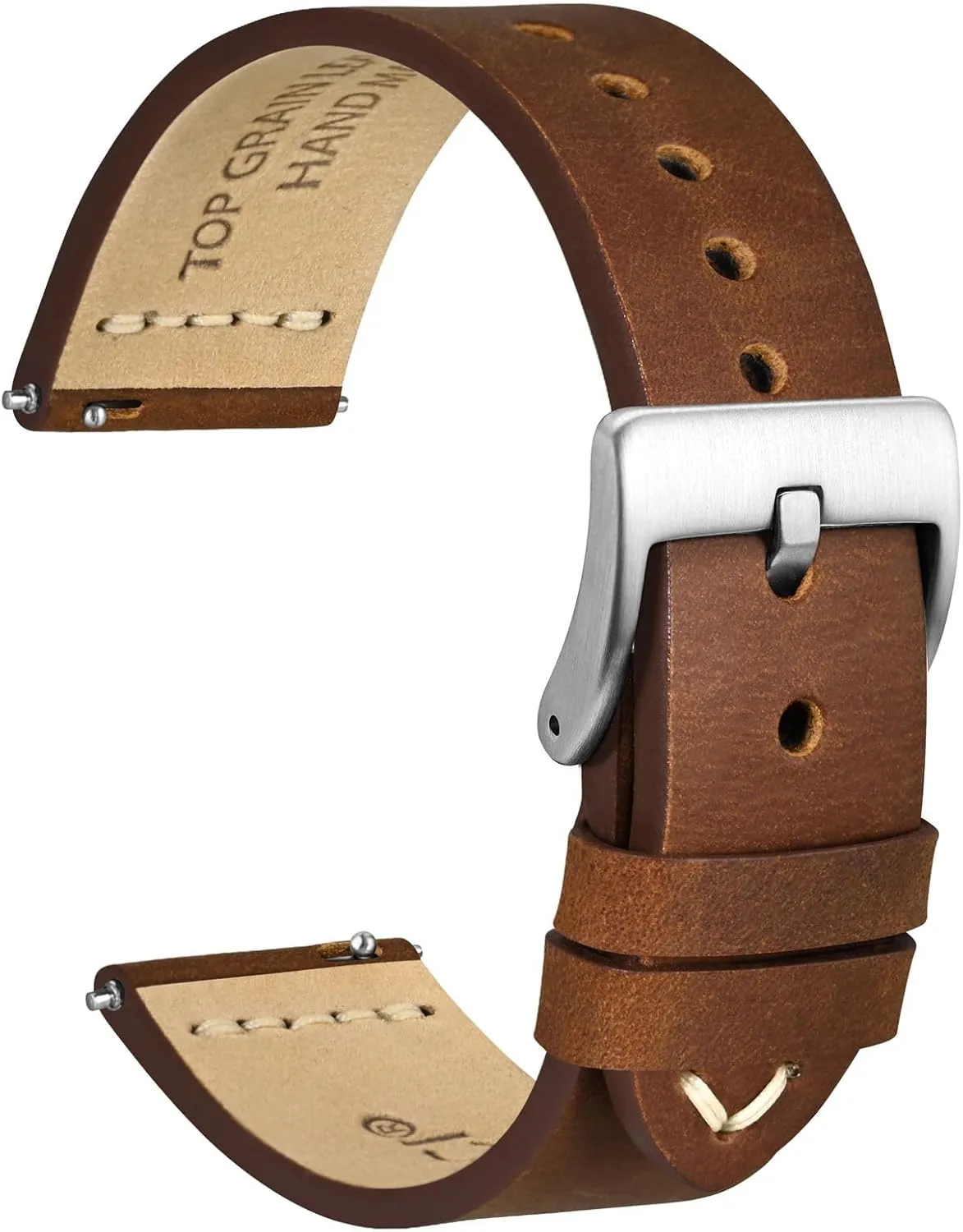 Buckle (Caramel Brown) WOCCI 22mm Old-fashioned Watch Band for Men, Iceland shallow ingredient intertidal mimetic Top Grain Leather, Silver Brushed 