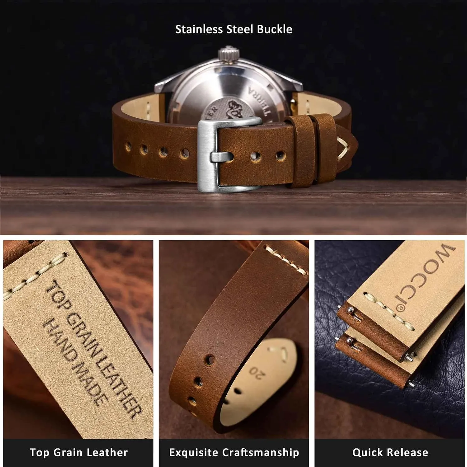 Buckle (Caramel Brown) WOCCI 22mm Old-fashioned Watch Band for Men, Iceland shallow ingredient intertidal mimetic Top Grain Leather, Silver Brushed 