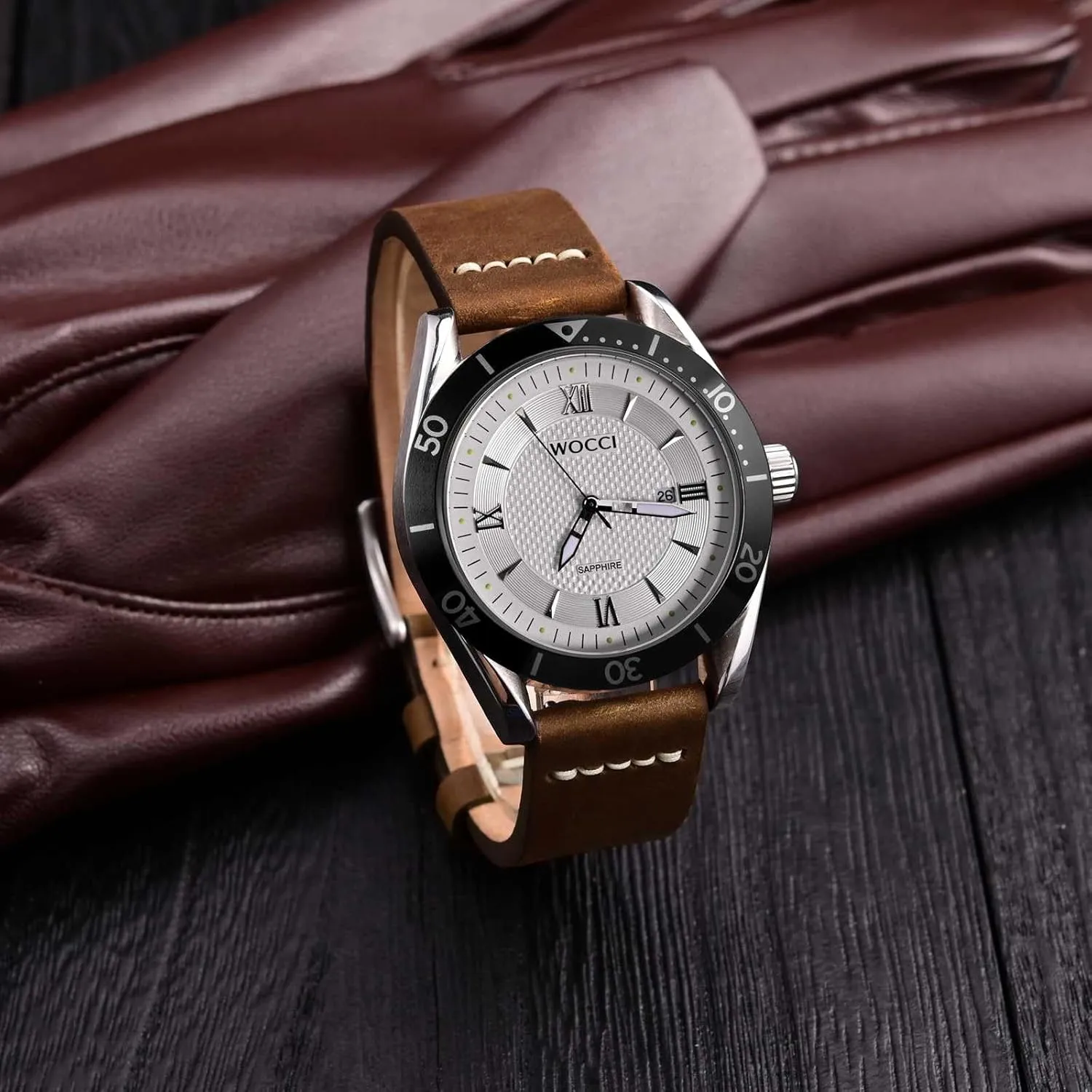 Buckle (Caramel Brown) WOCCI 22mm Old-fashioned Watch Band for Men, Iceland shallow ingredient intertidal mimetic Top Grain Leather, Silver Brushed 