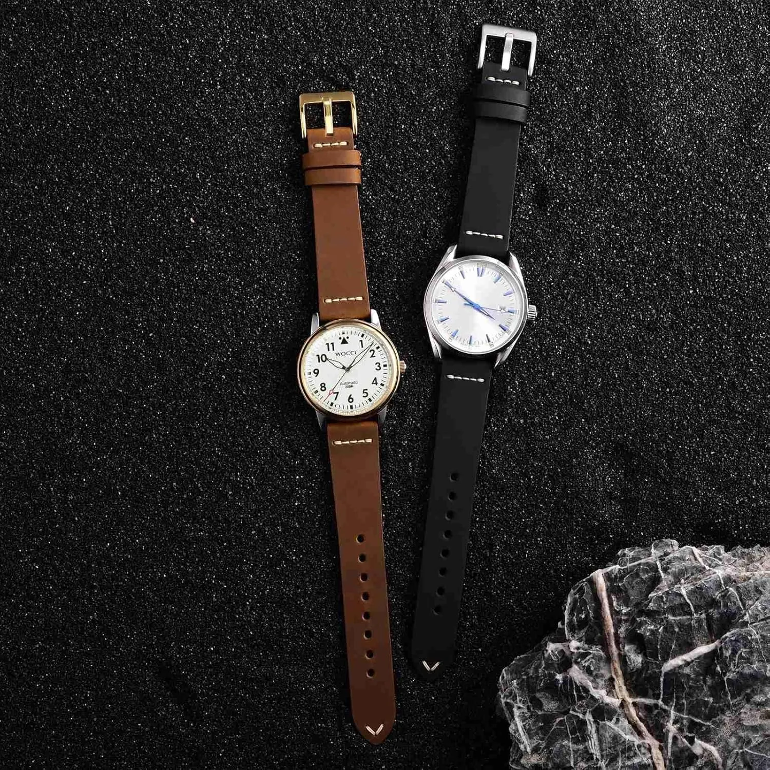 Buckle (Caramel Brown) WOCCI 22mm Old-fashioned Watch Band for Men, Iceland shallow ingredient intertidal mimetic Top Grain Leather, Silver Brushed 