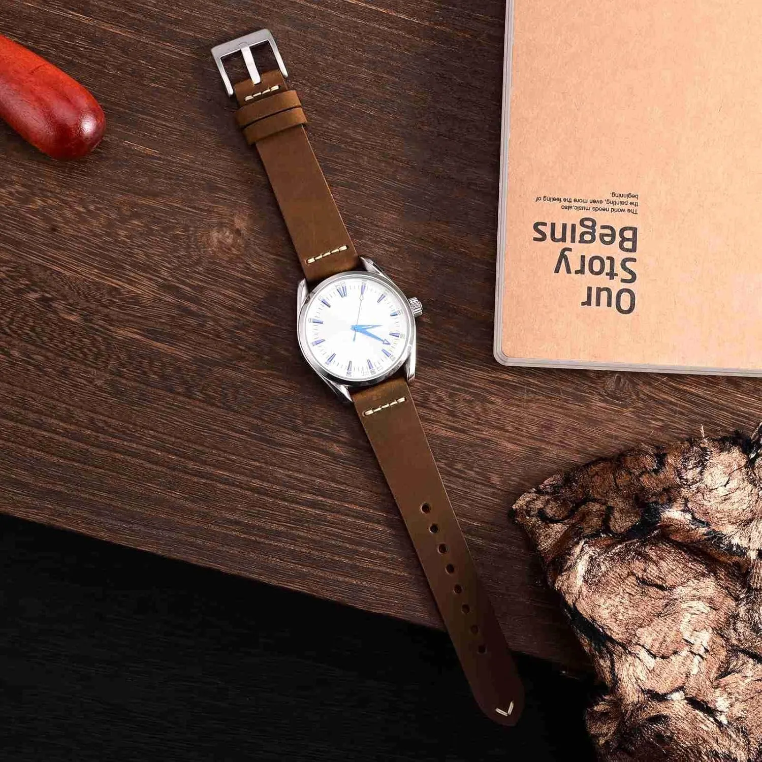 Buckle (Caramel Brown) WOCCI 22mm Old-fashioned Watch Band for Men, Iceland shallow ingredient intertidal mimetic Top Grain Leather, Silver Brushed 