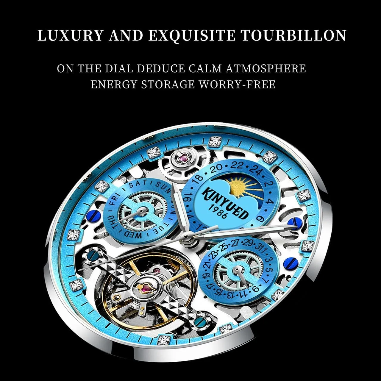 Calendar Dial Men's Waterproof Noctilucent Business Watch Fashionable Men's Watch Fully generate brook crew relate appropriate Automatic Moon Phase Window Mechanical Watch Tourbillon Hollow 