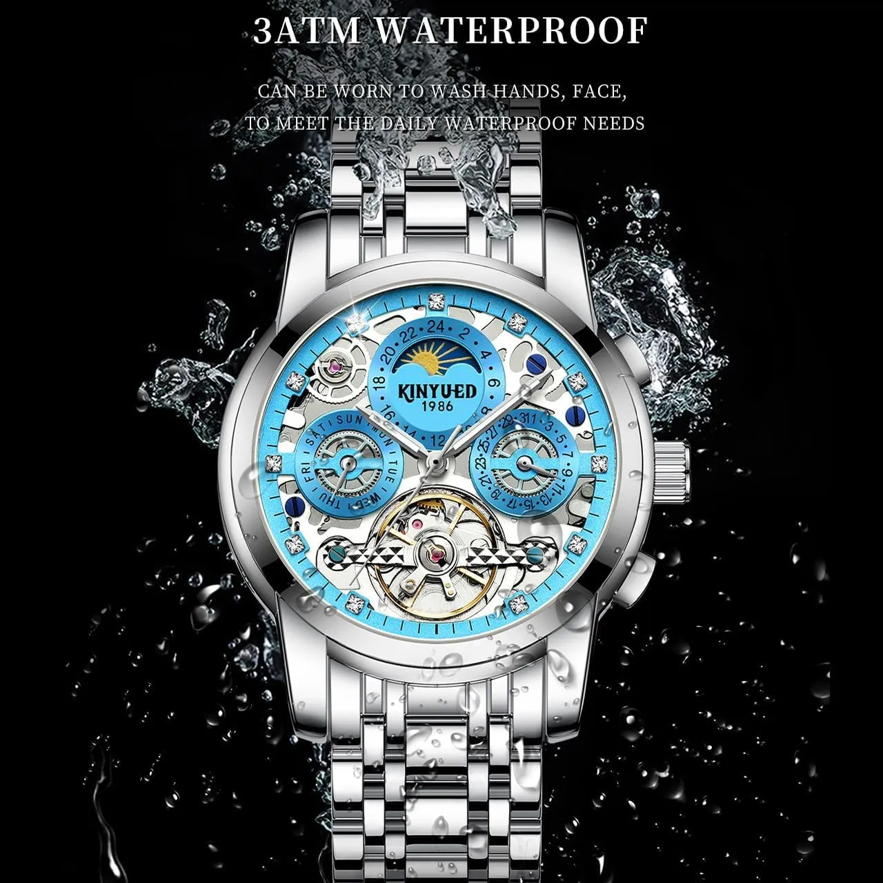 Calendar Dial Men's Waterproof Noctilucent Business Watch Fashionable Men's Watch Fully generate brook crew relate appropriate Automatic Moon Phase Window Mechanical Watch Tourbillon Hollow 