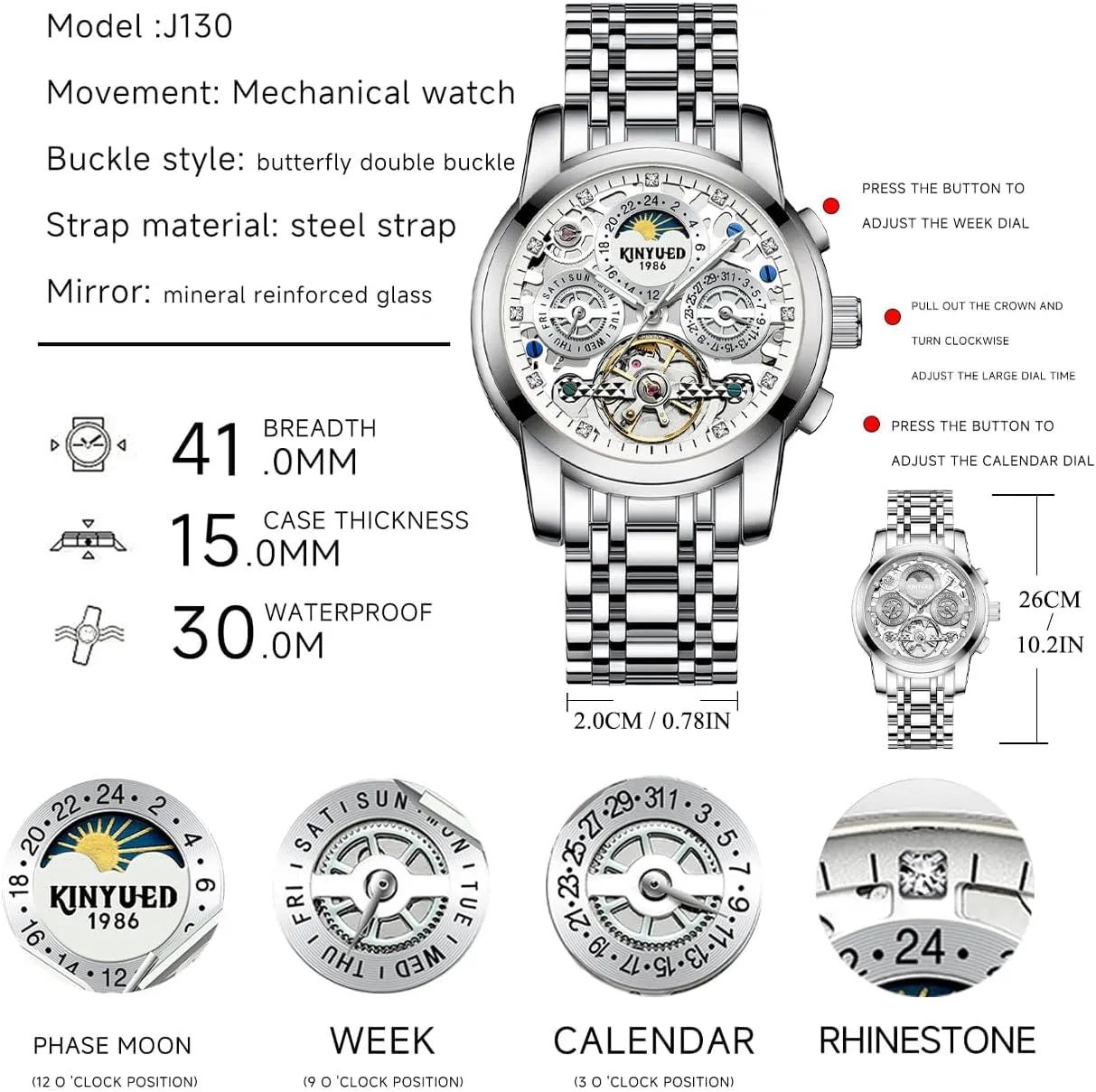 Calendar Dial Men's Waterproof Noctilucent Business Watch Fashionable Men's Watch Fully generate brook crew relate appropriate Automatic Moon Phase Window Mechanical Watch Tourbillon Hollow 