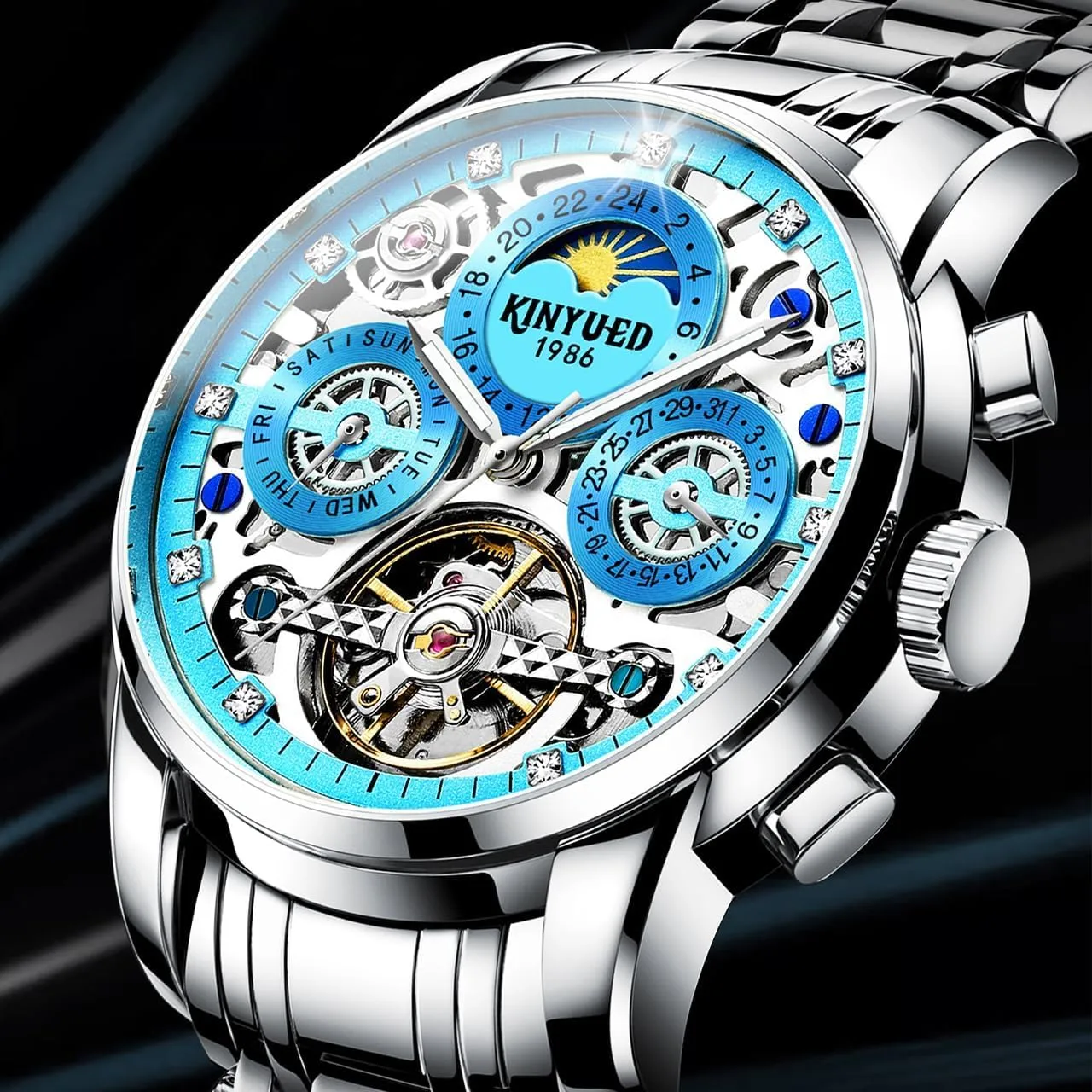 Calendar Dial Men's Waterproof Noctilucent Business Watch Fashionable Men's Watch Fully generate brook crew relate appropriate Automatic Moon Phase Window Mechanical Watch Tourbillon Hollow 