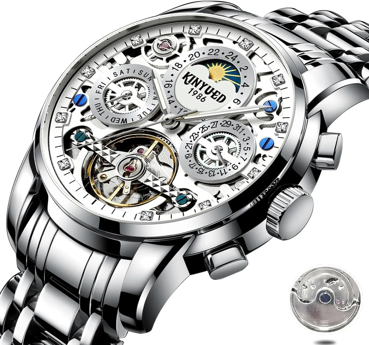 Calendar Dial Men's Waterproof Noctilucent Business Watch Fashionable Men's Watch Fully generate brook crew relate appropriate Automatic Moon Phase Window Mechanical Watch Tourbillon Hollow 