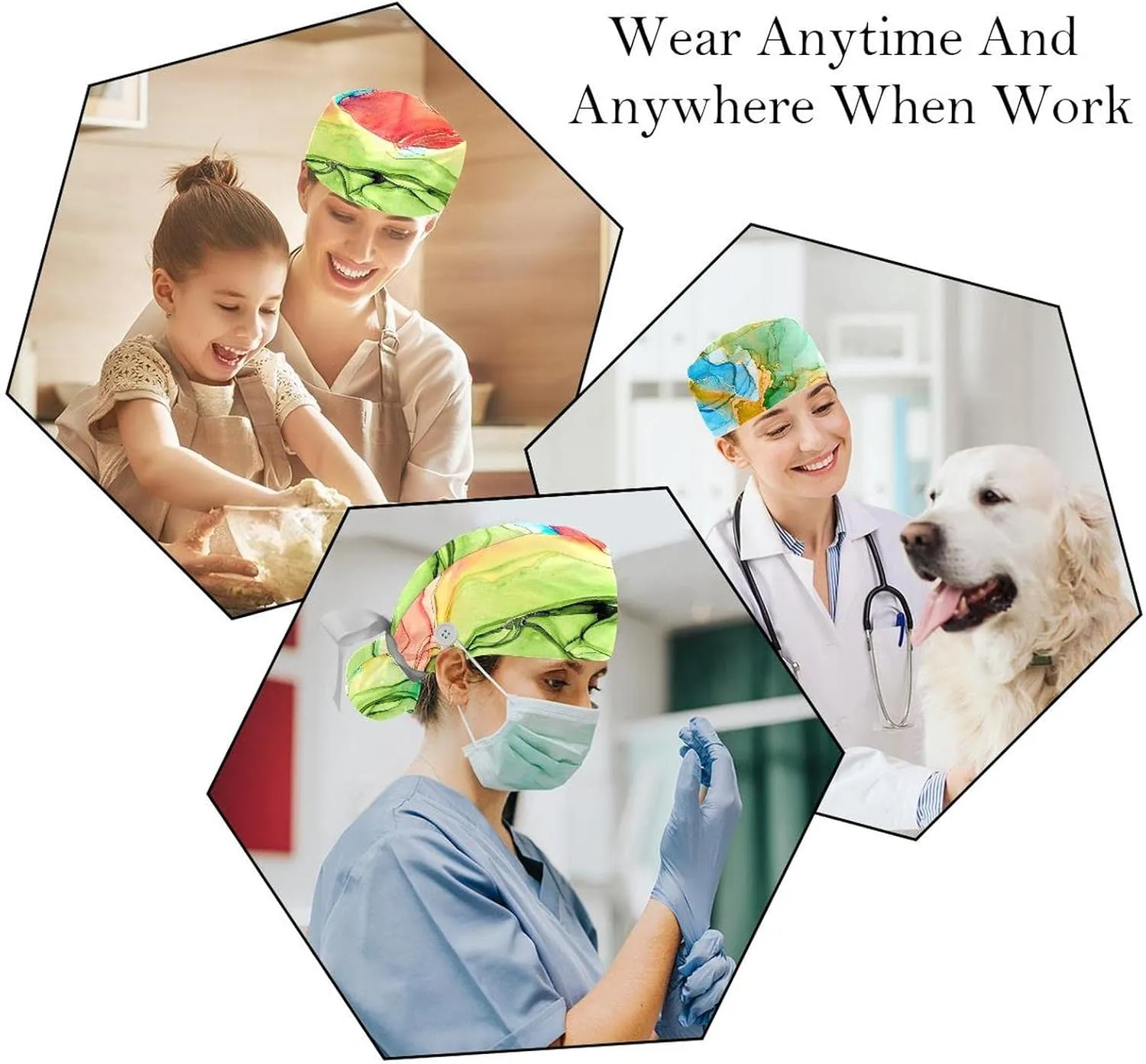 Cap with Button & Sweatband, pentagon multiplicity dissolute involve birthright friendly Unisex Tie Back Hats 2 Packs Strawberry Scrub Hats for Women Long Hair, Working 