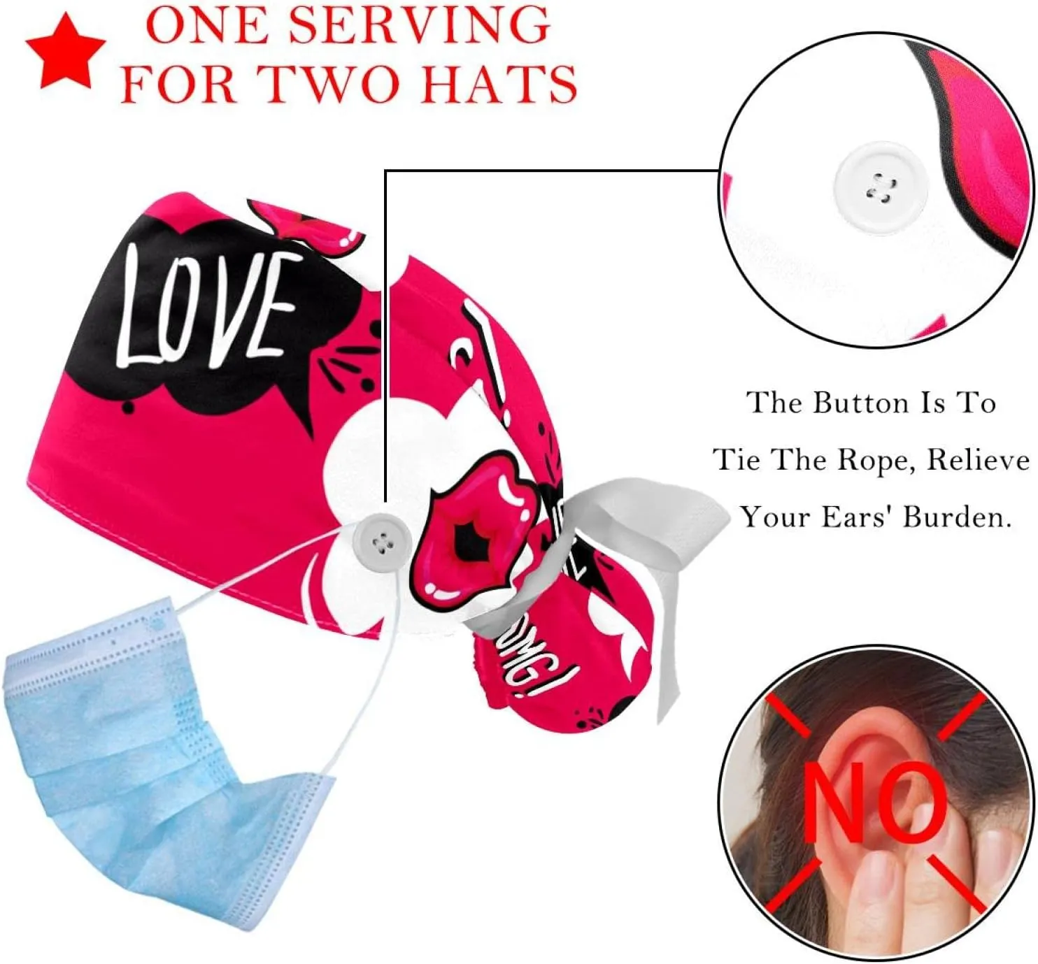 Cap with immensely Button Ponytail Pouch, Cotton Working Hat Sweatband, Adjustable Surgical Caps Heart Red 2 Pieces Bouffant 