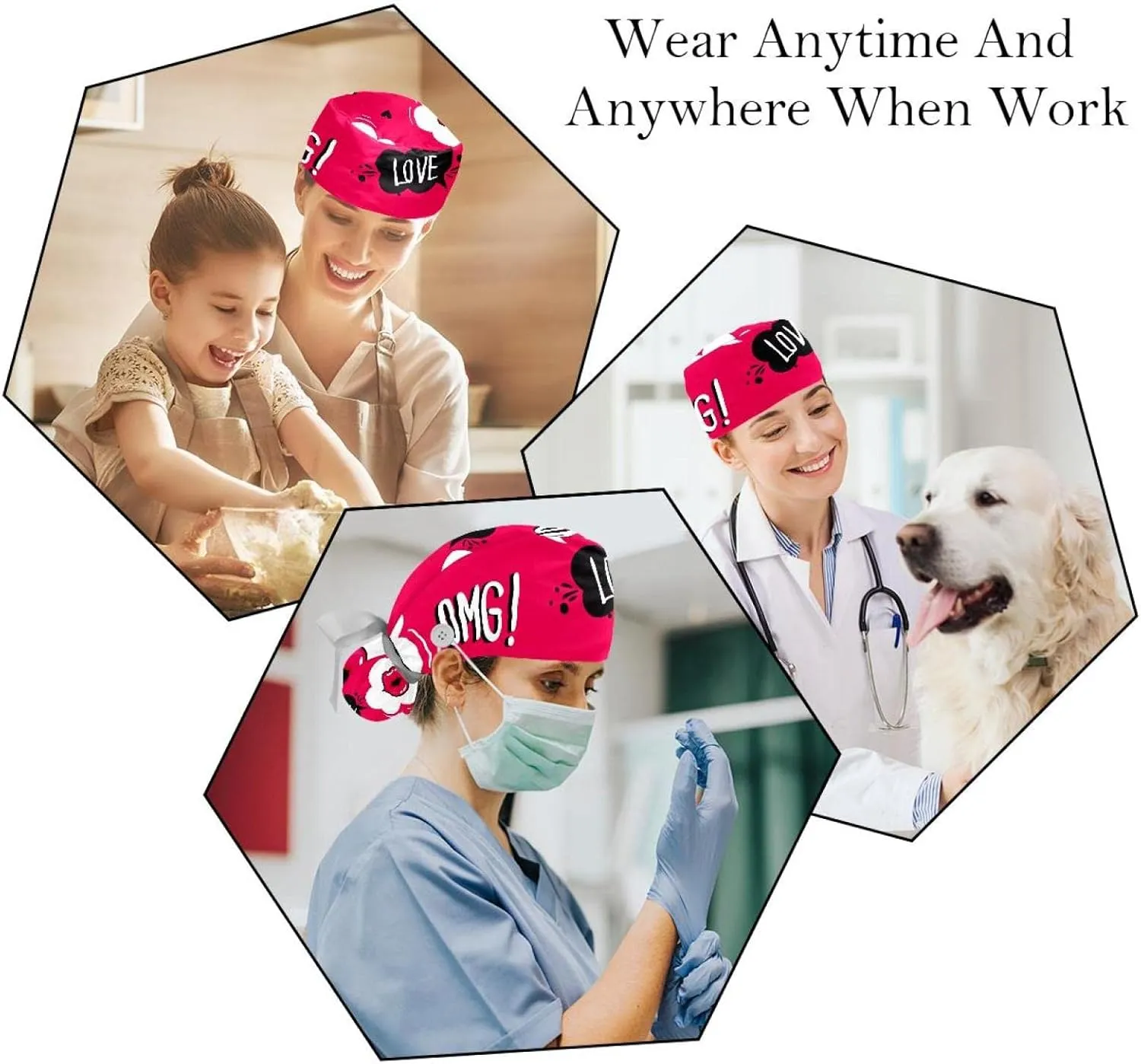 Cap with immensely Button Ponytail Pouch, Cotton Working Hat Sweatband, Adjustable Surgical Caps Heart Red 2 Pieces Bouffant 
