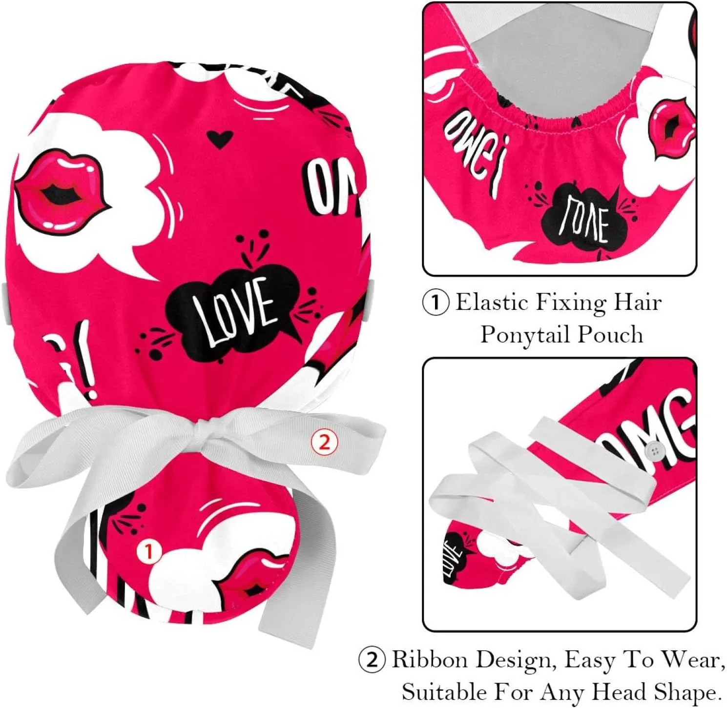 Cap with immensely Button Ponytail Pouch, Cotton Working Hat Sweatband, Adjustable Surgical Caps Heart Red 2 Pieces Bouffant 