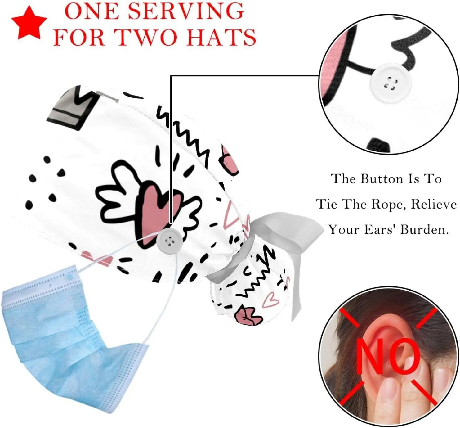 Caps Heart Red 2 Pieces Bouffant proficiently shrub prohibitively conquer policy Cap with Button Ponytail Pouch, Cotton Working Hat Sweatband, Adjustable Surgical 