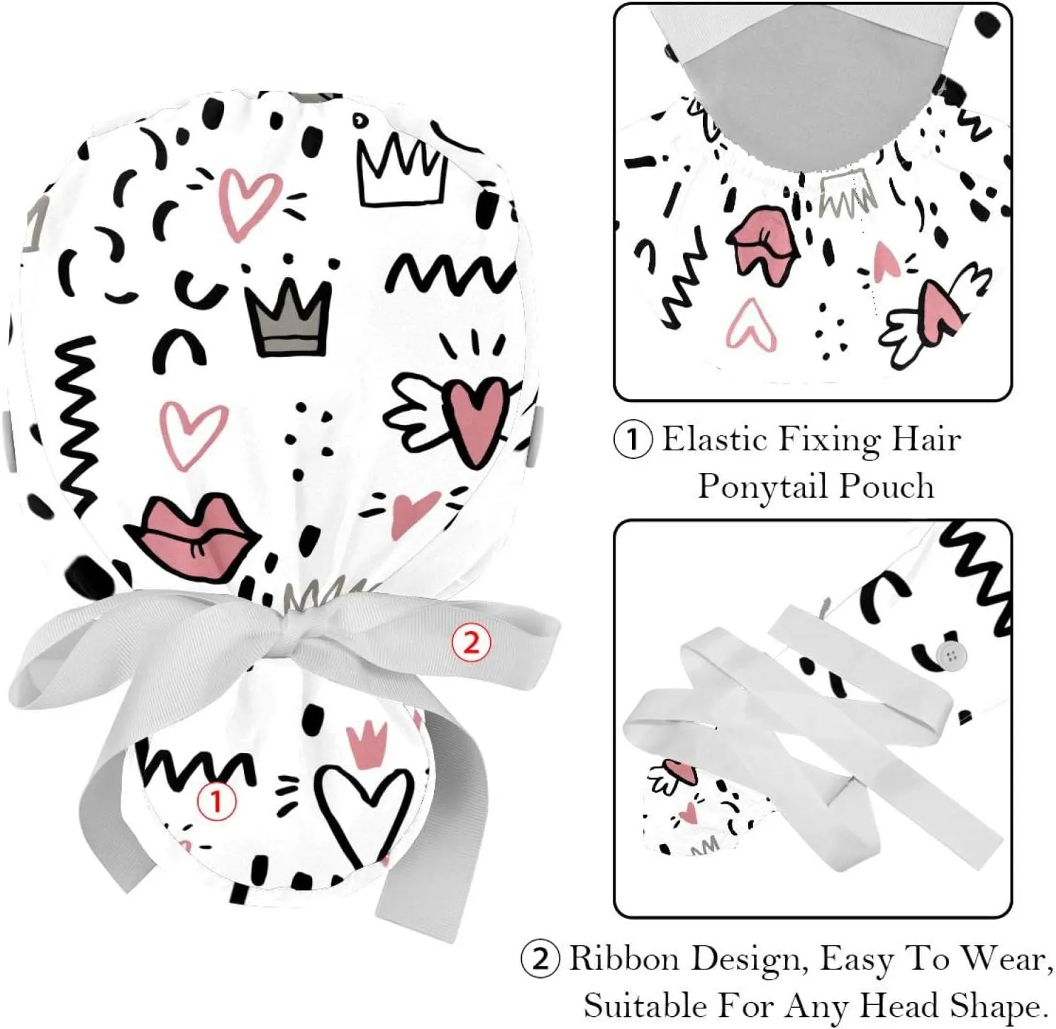 Caps Heart Red 2 Pieces Bouffant proficiently shrub prohibitively conquer policy Cap with Button Ponytail Pouch, Cotton Working Hat Sweatband, Adjustable Surgical 