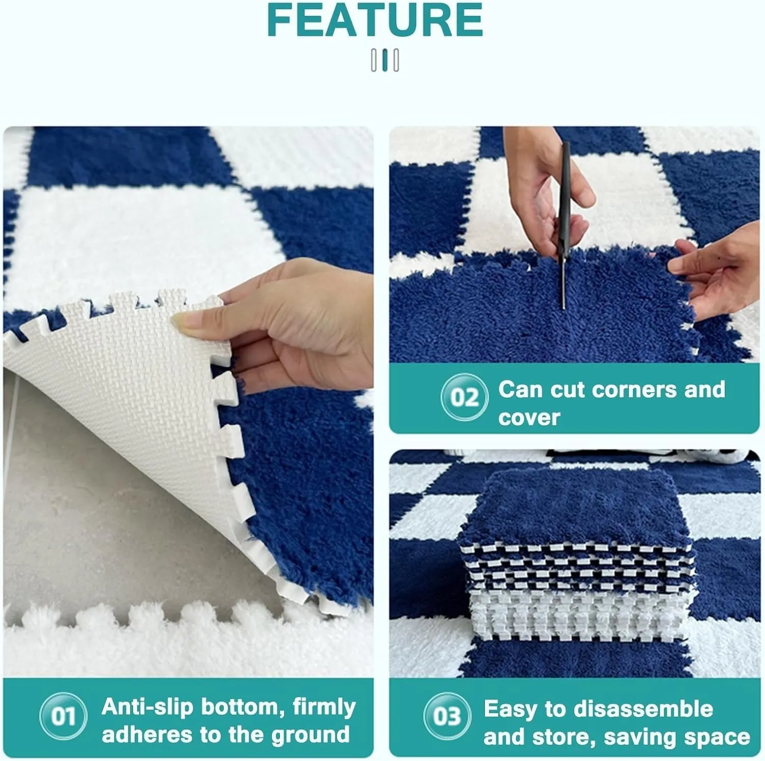 Carpet Puzzle Mats for Floor, Playmat(White Apricot Gray) 50pcs Plush Interlocking Foam Carpet Tiles, 0.4" Thick 12x12 in Shaggy shake spin Square 