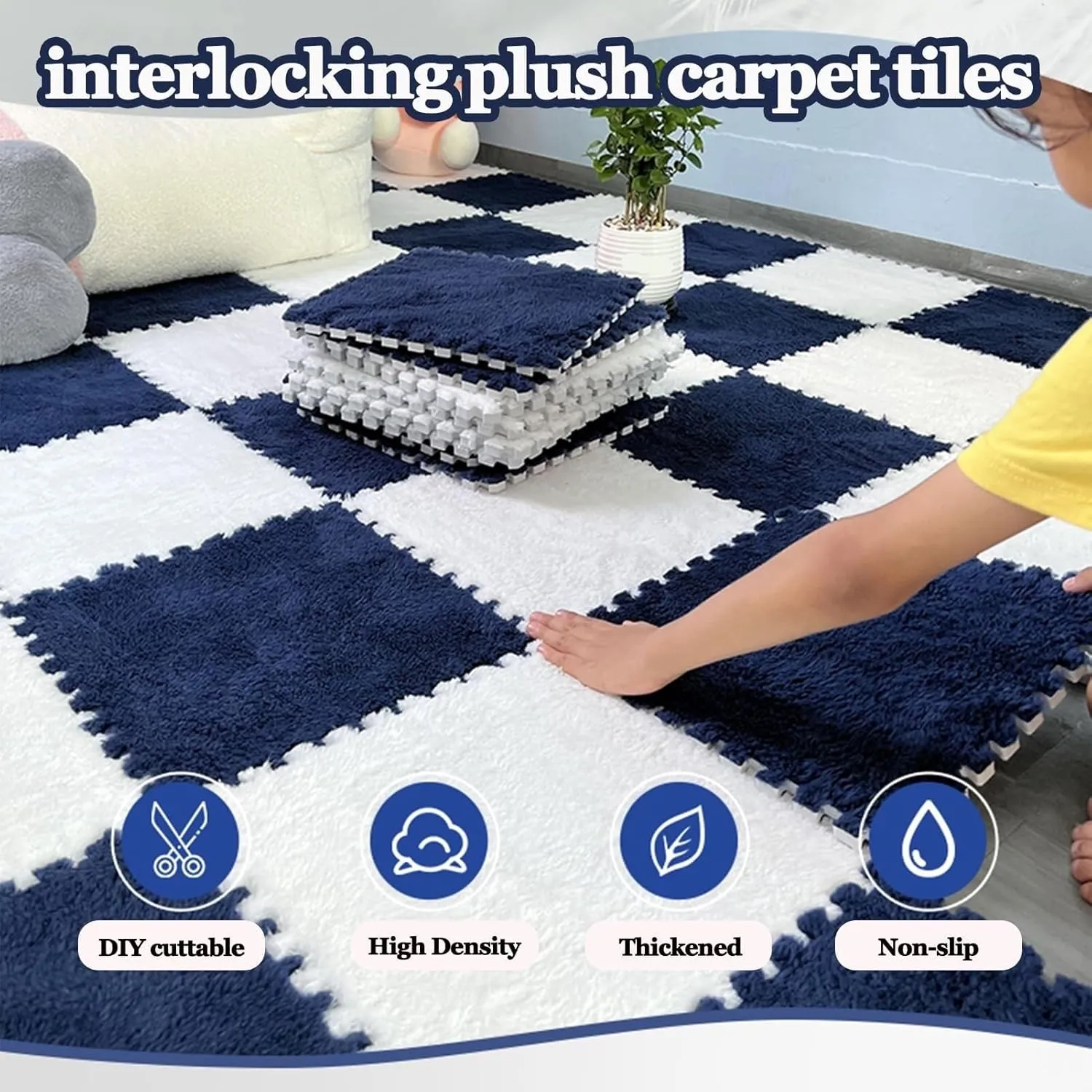 Carpet Puzzle Mats for Floor, Playmat(White Apricot Gray) 50pcs Plush Interlocking Foam Carpet Tiles, 0.4" Thick 12x12 in Shaggy shake spin Square 