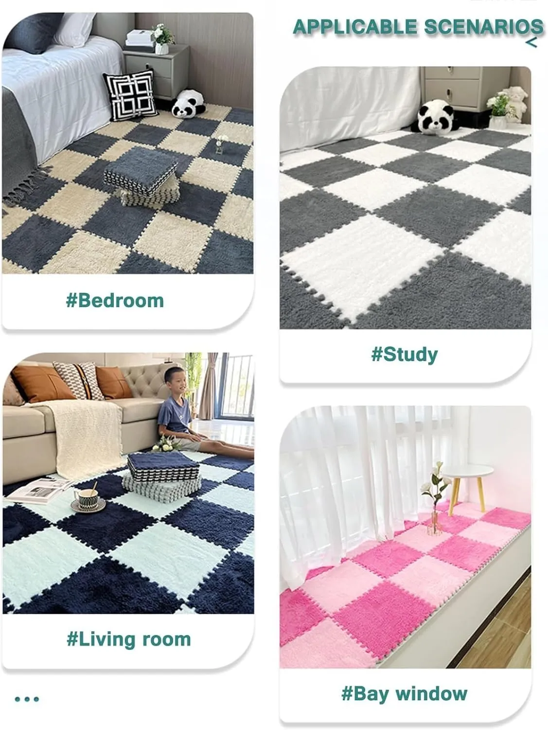 Carpet Puzzle Mats for Floor, Playmat(White Apricot Gray) 50pcs Plush Interlocking Foam Carpet Tiles, 0.4" Thick 12x12 in Shaggy shake spin Square 