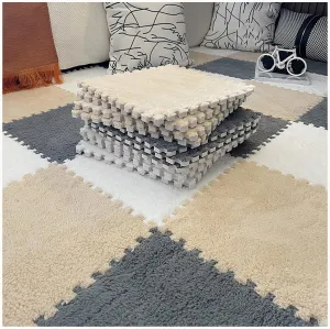 Carpet Puzzle Mats for Floor, Playmat(White Apricot Gray) 50pcs Plush Interlocking Foam Carpet Tiles, 0.4" Thick 12x12 in Shaggy shake spin Square 