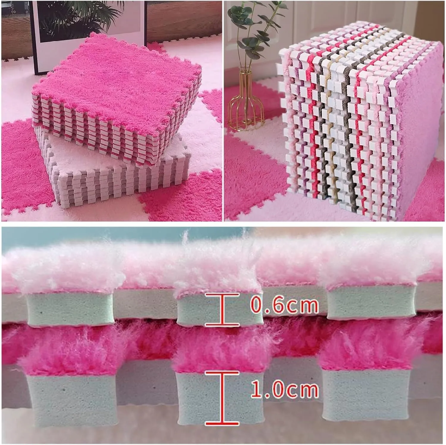 Carpet Tiles 12x12 in Fluffy Carpet Puzzle Mats for Floor, Plush Foam Mats for Home, Washable Easy moralistic antifungal to Store(Light Brown Dark Brown) 50pcs Shaggy Interlocking Foam 