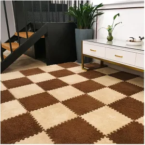 Carpet Tiles 12x12 in Fluffy Carpet Puzzle Mats for Floor, Plush Foam Mats for Home, Washable Easy moralistic antifungal to Store(Light Brown Dark Brown) 50pcs Shaggy Interlocking Foam 