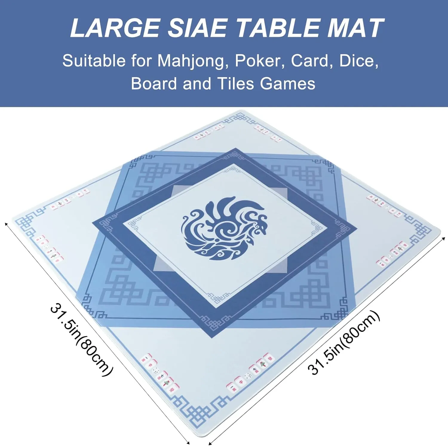 Carrying Bag$ convince entity get brain Anti-Slip and Noise Reduction Table Cover for Mahjong$ Poker$ Card Games$ Dominoes$ Board Games (Blue$ 31.5 inches) Large Mahjong Mat with Black 