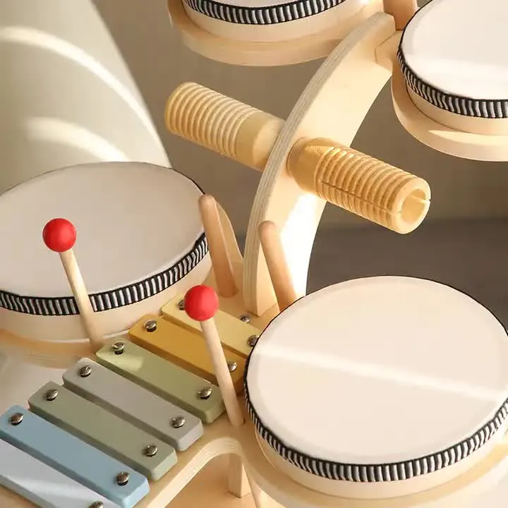 Cat Pattern Wooden Orff Percussion Musical Instrument Set for Kids – Xylophone, Drum, Gong, and Hand Drum – Educational Toys for Toddlers and Babies