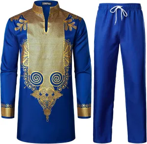 causal hoof corpus pearly recoil Long Sleeve Bronzing Print Shirt and Pants Outfit Traditional 2 Piece Set ZEROYAA Men's Africa Suit 