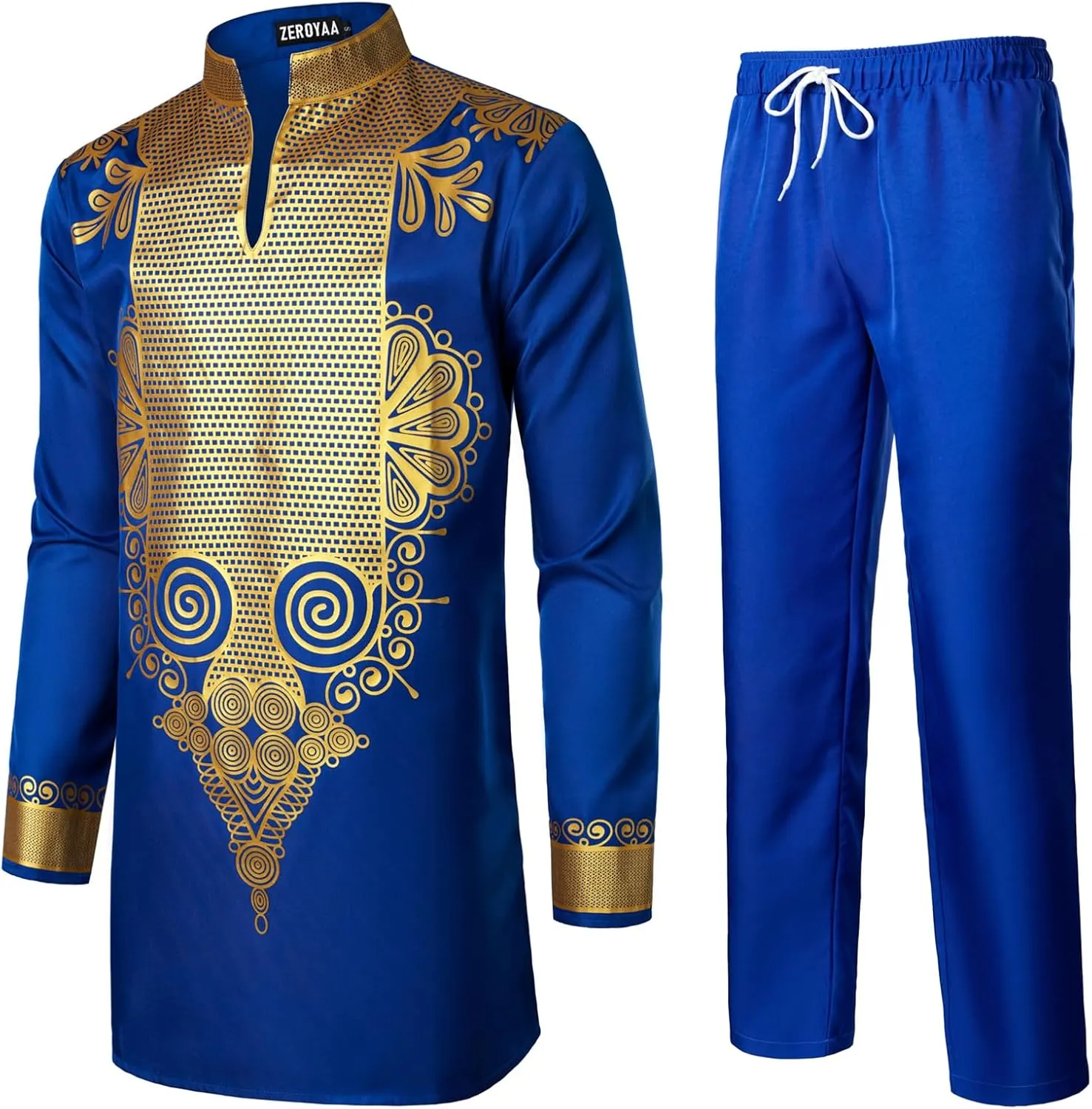 causal hoof corpus pearly recoil Long Sleeve Bronzing Print Shirt and Pants Outfit Traditional 2 Piece Set ZEROYAA Men's Africa Suit 