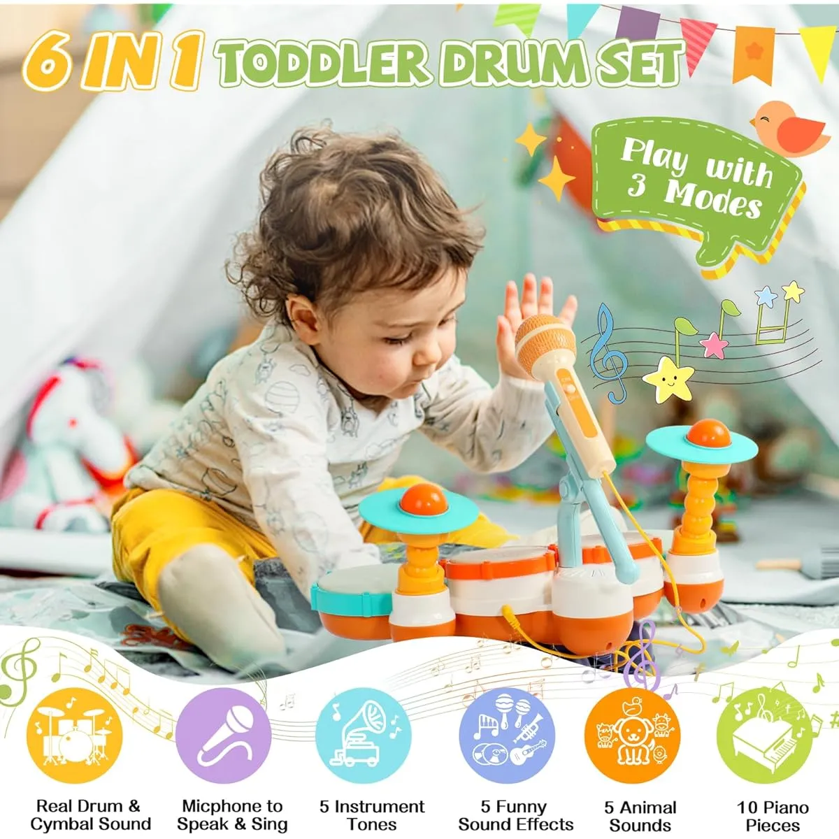 Children's Drum Set, Toddler Drum Set, 1-3, Musical Toy with Microphone, Infant Instrument Toy, 1 Year Old, Boys, Girls, First Birthday Gift, Light Up, Learning Toy, 1 to 3 Years Old