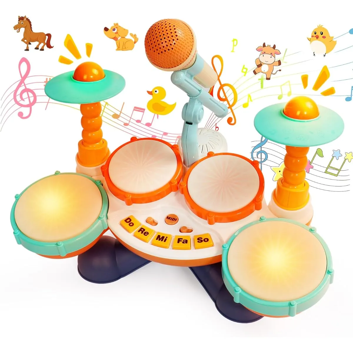 Children's Drum Set, Toddler Drum Set, 1-3, Musical Toy with Microphone, Infant Instrument Toy, 1 Year Old, Boys, Girls, First Birthday Gift, Light Up, Learning Toy, 1 to 3 Years Old