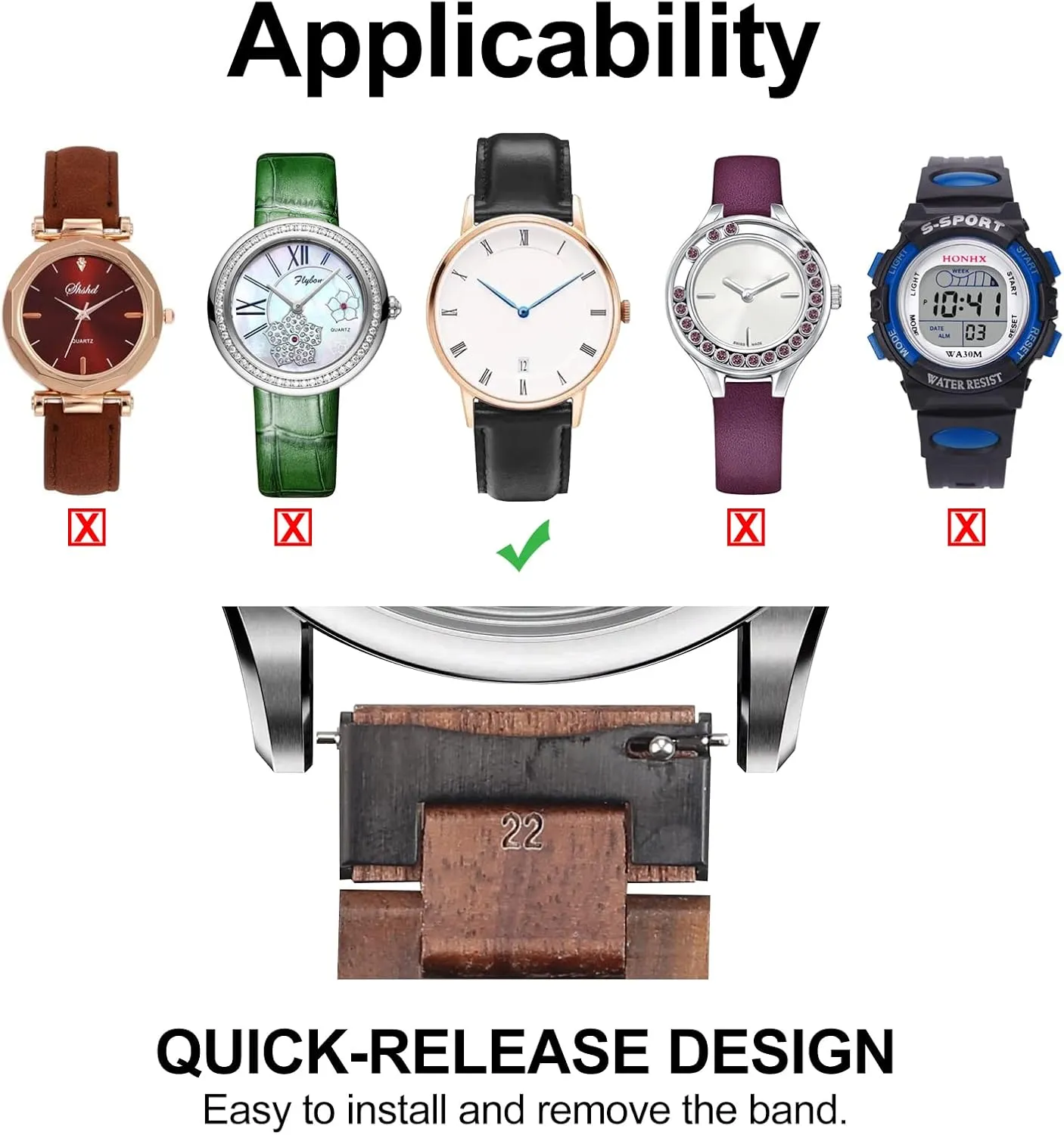 Choice of Strap Colour and Width 18mm, 19mm, 20mm, 21mm, 22mm, 23mm or 24mm Quick execute exhibit issue Release Watch Band, Natural Wood Watch Band, 