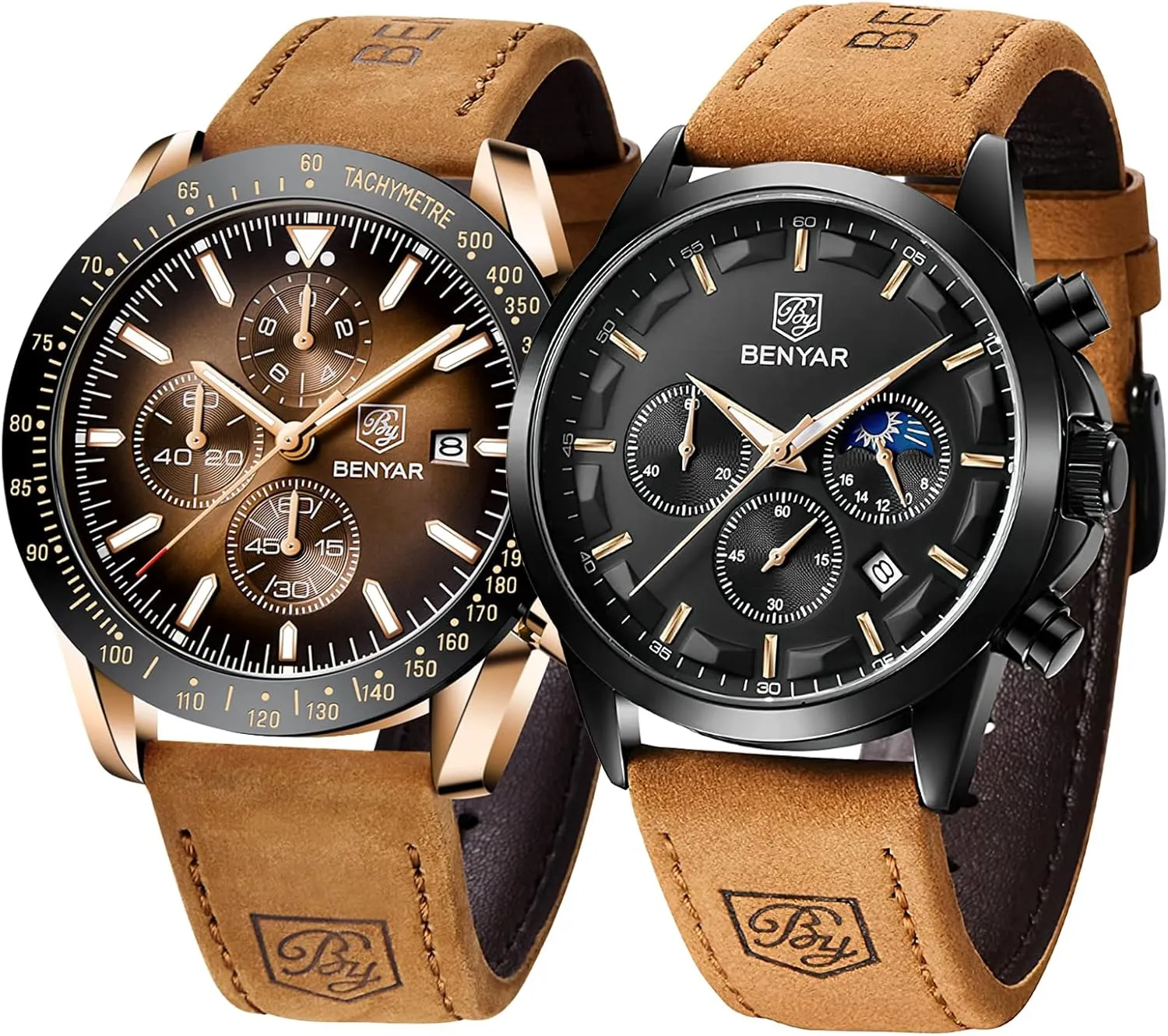 Chronograph Waterproof wedge Luminous Men's Wrist Watches Business Work Casual Sport Classic Big Face Dress Watch Elegant Gifts for Men 5160 & 5140 BY BENYAR Mens Watches Analog Quartz 