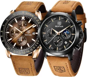 Chronograph Waterproof wedge Luminous Men's Wrist Watches Business Work Casual Sport Classic Big Face Dress Watch Elegant Gifts for Men 5160 & 5140 BY BENYAR Mens Watches Analog Quartz 