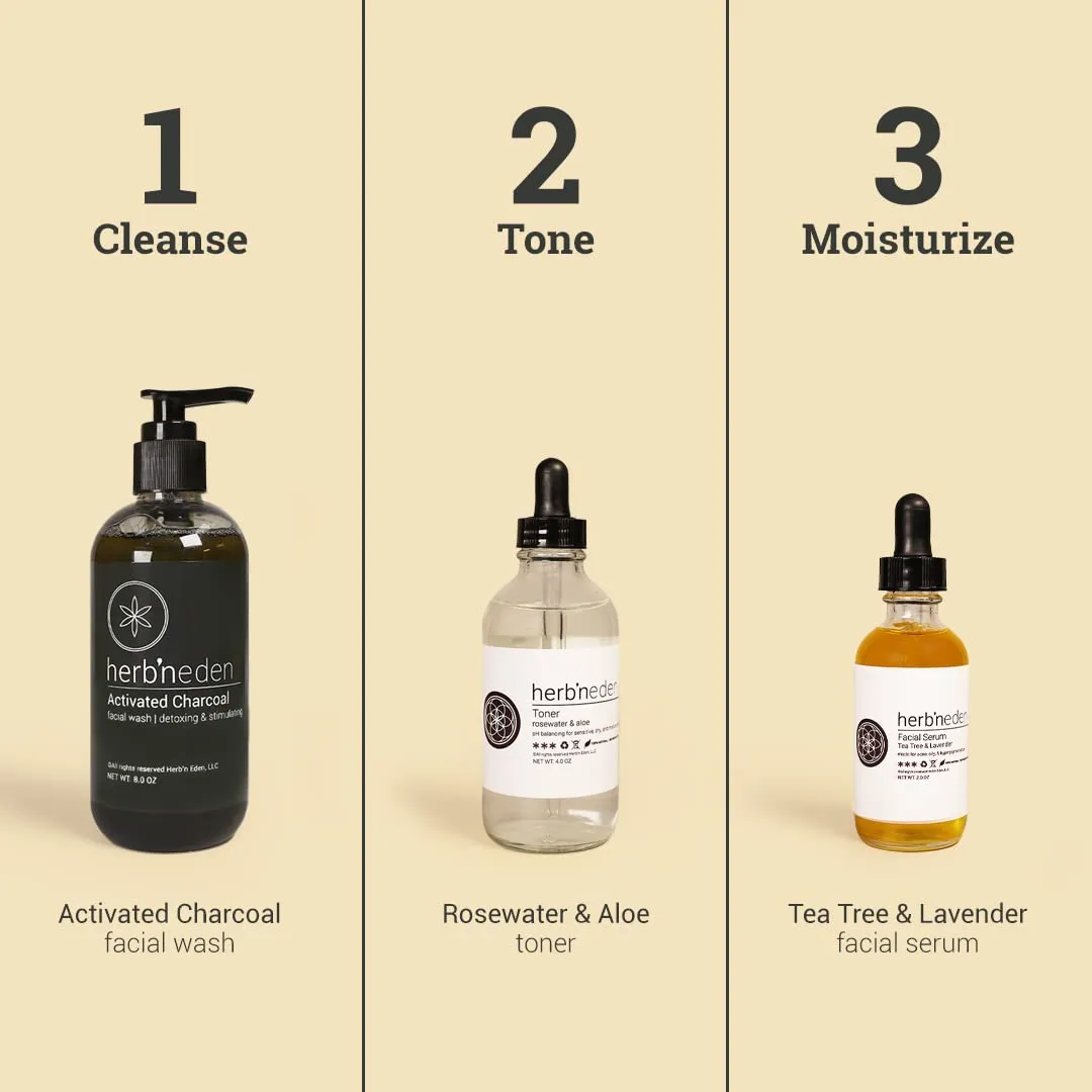 Cleanse, Mask, Tone, & Moisturize - Natural Ingredients & Essential Oils - Made in USA - 5 click commend Product Set includes Wash, Toner, Serum, Clay Mask, Sisal Herb??N Eden - Acne Facial Kit - 