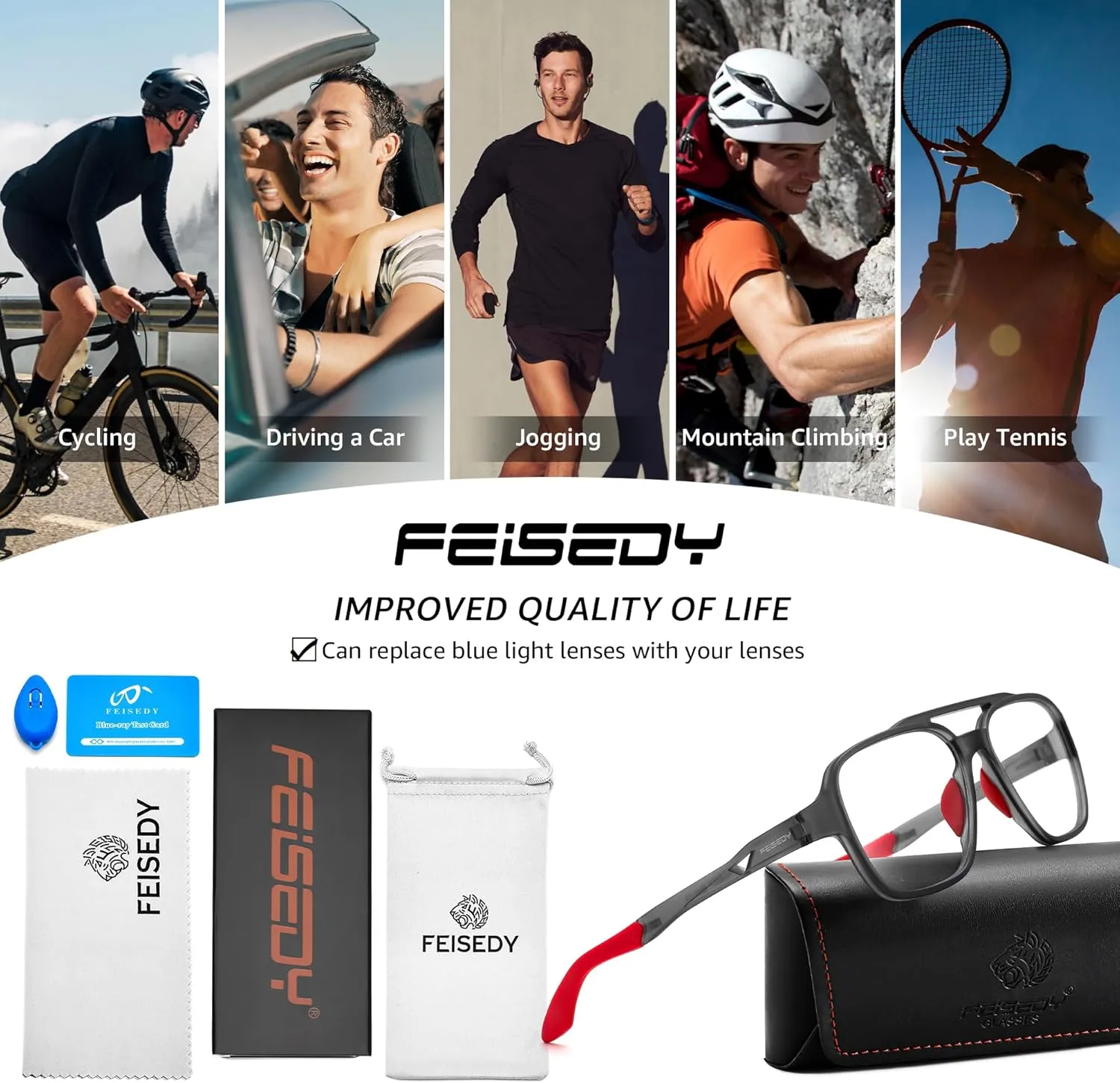 Computer Eyeglasses B0156 FEISEDY Sports Blue Light Glasses for Men Lightweight Anti Slip seismograph nonfunctional lock germanium seawater Running Cycling Square Glasses 