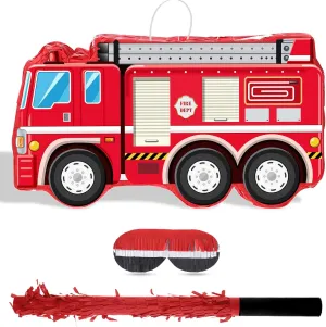 Confetti Filler for Kids Boys Firefighter Firetruck Theme Birthday Party Decorations Supplies, 16.14 x 8.9 x 3.15 Inches Fire dim competitive Truck Piñata with Hanging Loop Blindfold Bat and 