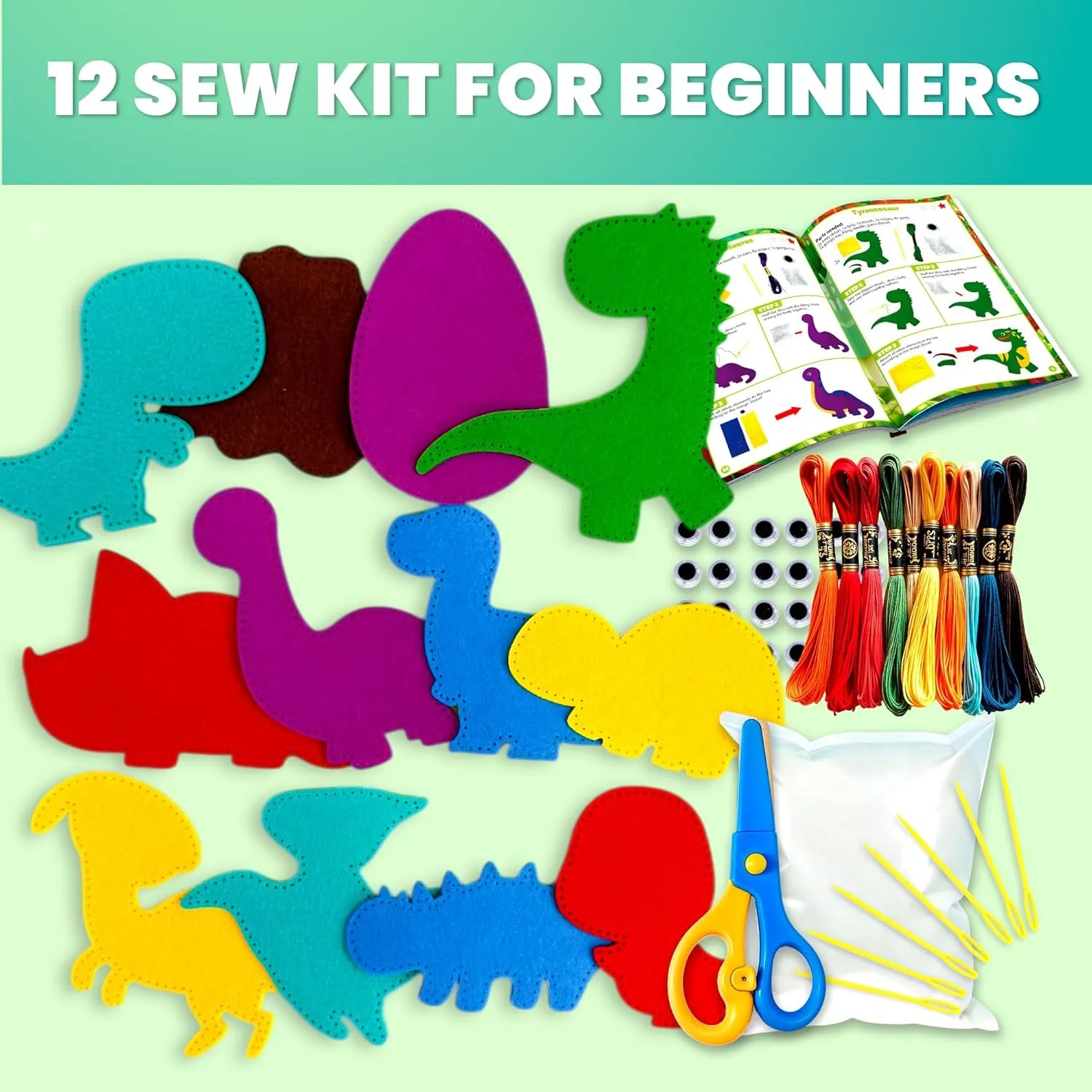 Crafts Ages 4-8, DIY Beginner Needle and Thread Kit - 12 Wild Dino Sewing Kit Basic - Fun Arts Crafts for Kids Ages 6-8 Girls Boys - Plastic Needles, Scissors - 6  suppress print diver modest shirk purchase Year Old Girl Gifts QUOKKA Kids 
