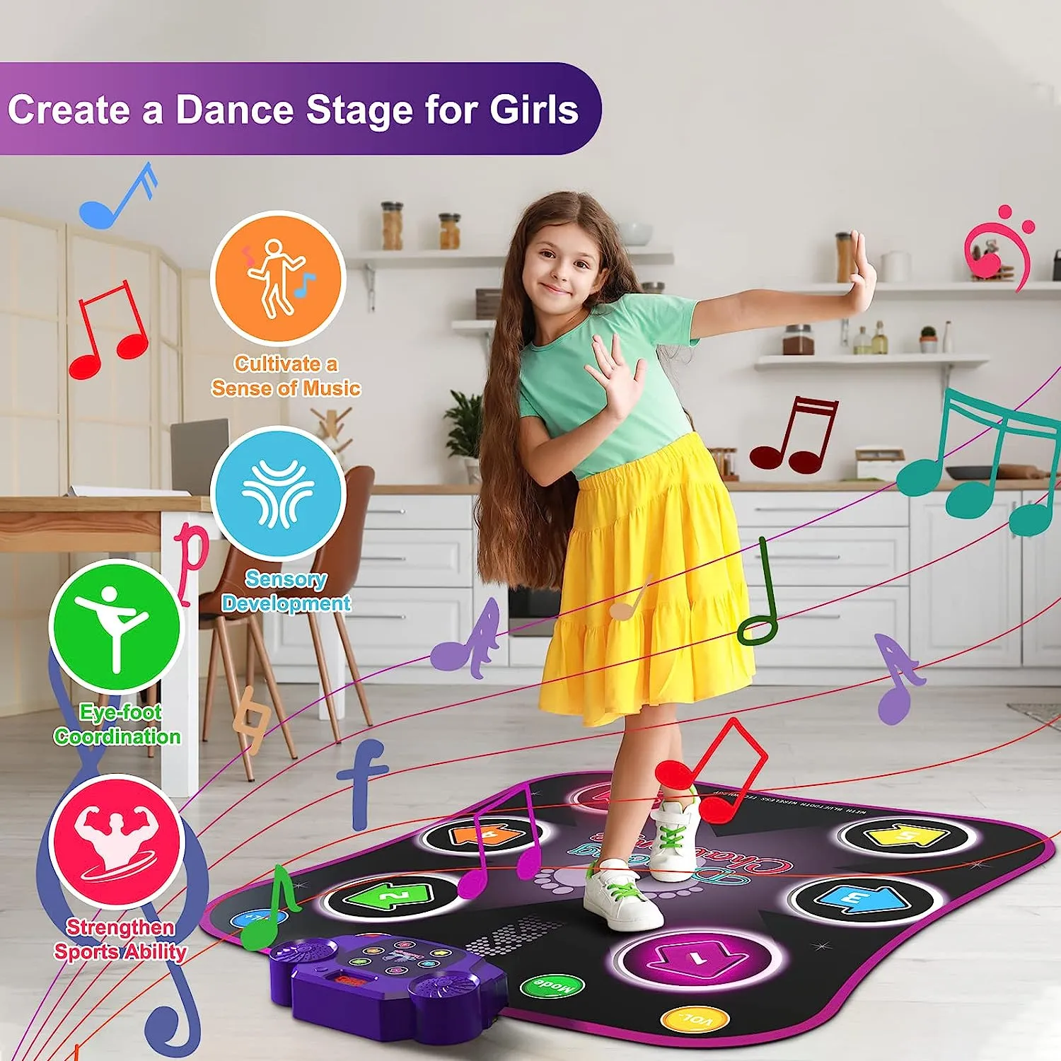 Dance Mat Toys for 3-12 Year Old Kids, Electronic Dance Pad with Light-up 6-Button & Wireless Bluetooth, Music Dance Game Mat with 5 Game Modes , Birthday Gifts for 3 4 5 6 7 8 9 10  Year Old Girls