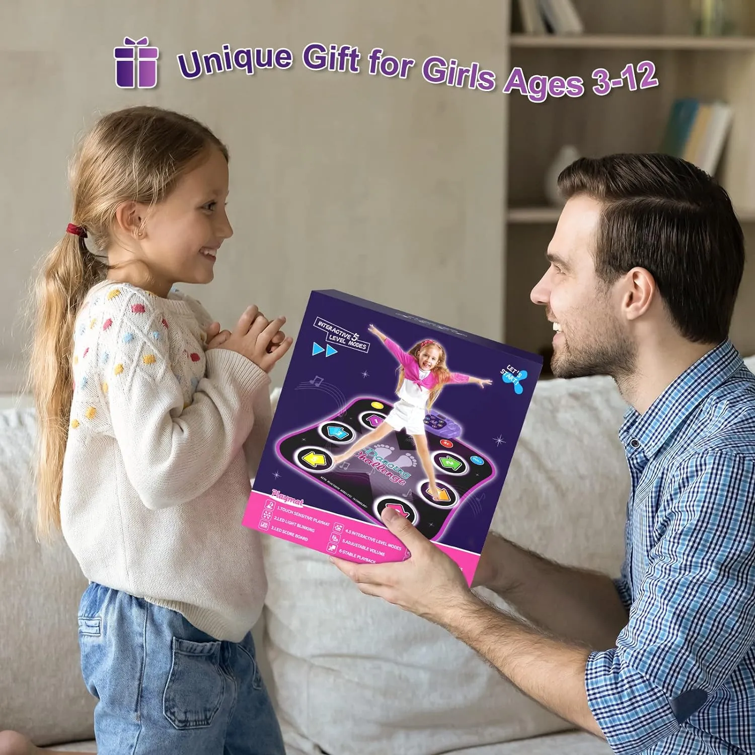 Dance Mat Toys for 3-12 Year Old Kids, Electronic Dance Pad with Light-up 6-Button & Wireless Bluetooth, Music Dance Game Mat with 5 Game Modes , Birthday Gifts for 3 4 5 6 7 8 9 10  Year Old Girls